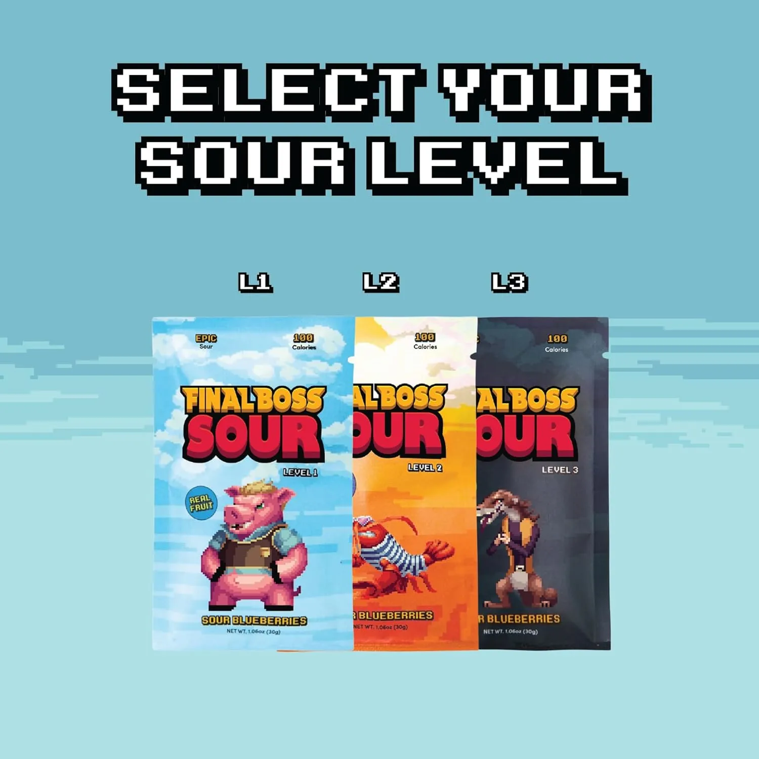 Final Boss Sour Candy, Extremely Super Sour Gummy Candy, Natural Chewy Blueberry Gummies Made with Dried Fruit, Free of Artificial Colors, Low Calorie Healthy Snack for Kids & Adults, (1.06 Ounce Bags, Pack of 10 Bags) (LvL 1 Sourness)