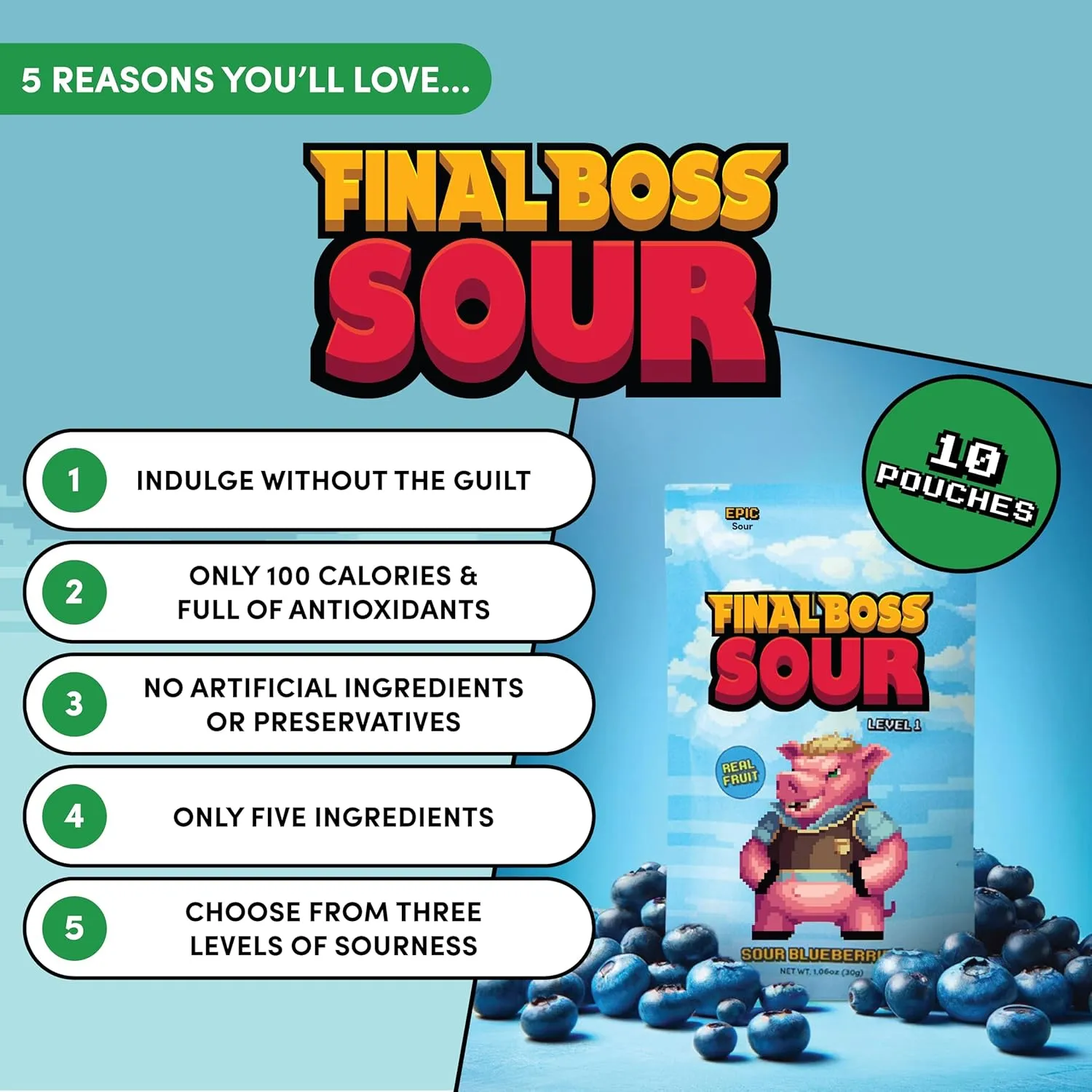 Final Boss Sour Candy, Extremely Super Sour Gummy Candy, Natural Chewy Blueberry Gummies Made with Dried Fruit, Free of Artificial Colors, Low Calorie Healthy Snack for Kids & Adults, (1.06 Ounce Bags, Pack of 10 Bags) (LvL 1 Sourness)