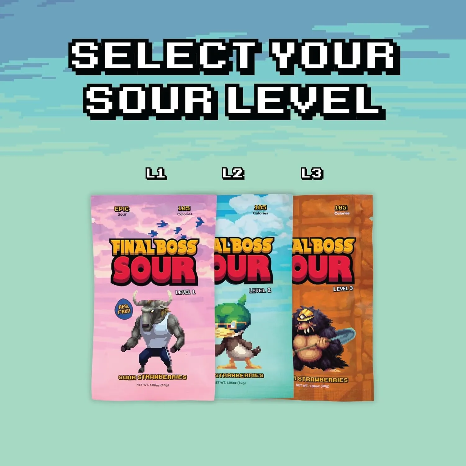 Final Boss Sour Candy, Extremely Super Sour Gummy Candy, Strawberry, LvL 2, (1.06 Ounces Bags, 10 Bags) - Gummies Made with Dried Fruit, Free of Artificial Colors, Low Calorie Healthy Snack for Kids & Adults