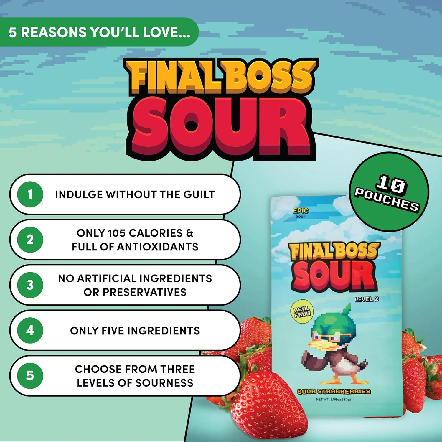Final Boss Sour Candy, Extremely Super Sour Gummy Candy, Strawberry, LvL 2, (1.06 Ounces Bags, 10 Bags) - Gummies Made with Dried Fruit, Free of Artificial Colors, Low Calorie Healthy Snack for Kids & Adults