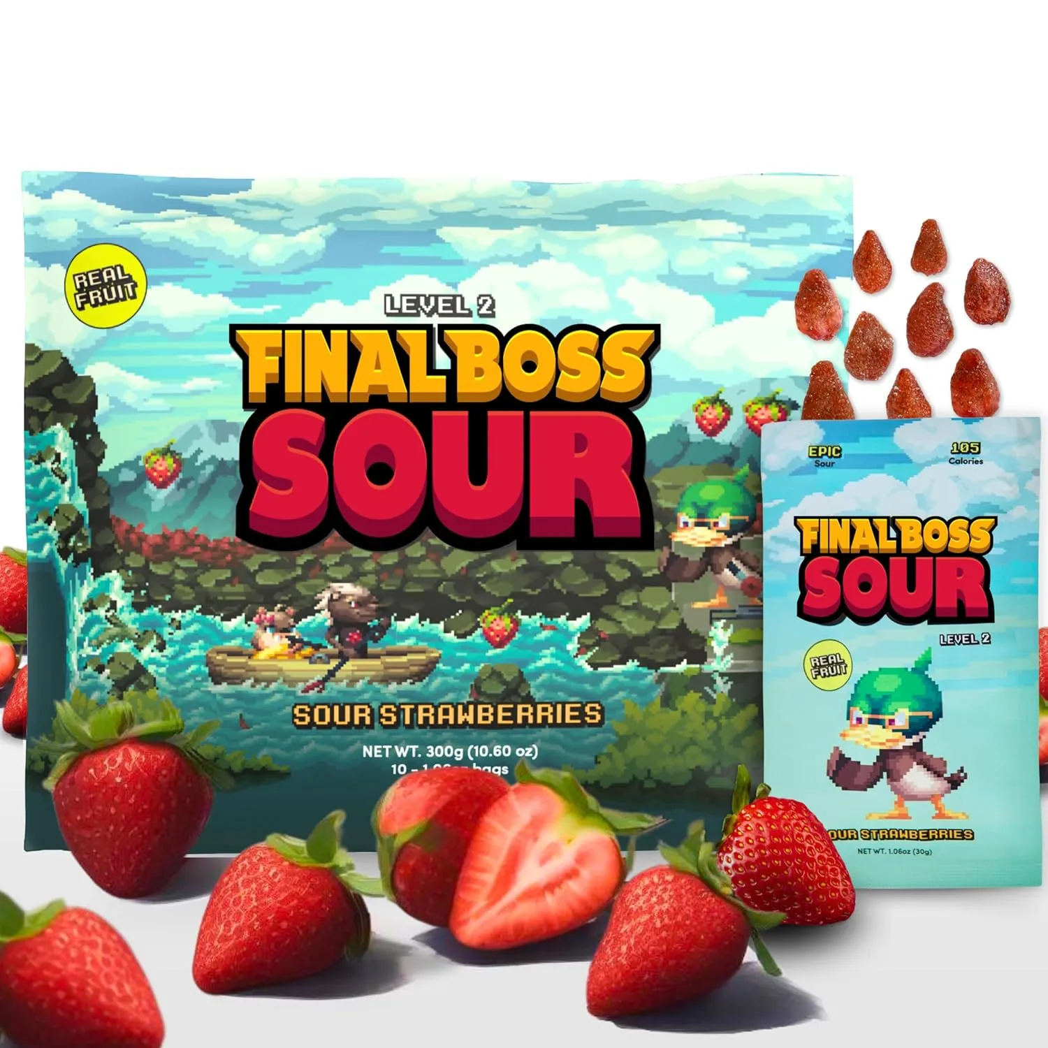 Final Boss Sour Candy, Extremely Super Sour Gummy Candy, Strawberry, LvL 2, (1.06 Ounces Bags, 10 Bags) - Gummies Made with Dried Fruit, Free of Artificial Colors, Low Calorie Healthy Snack for Kids & Adults