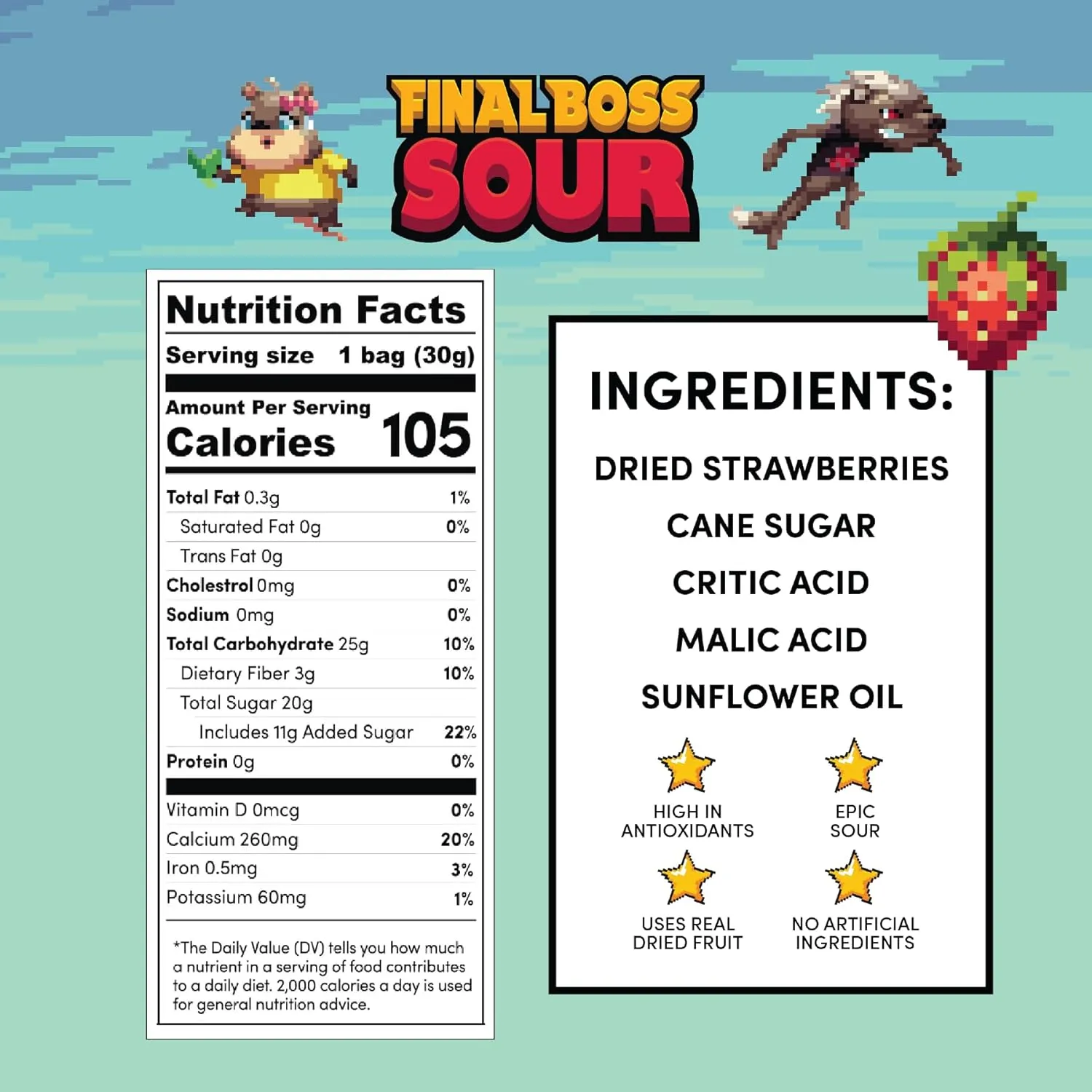 Final Boss Sour Candy, Extremely Super Sour Gummy Candy, Strawberry, LvL 2, (1.06 Ounces Bags, 10 Bags) - Gummies Made with Dried Fruit, Free of Artificial Colors, Low Calorie Healthy Snack for Kids & Adults