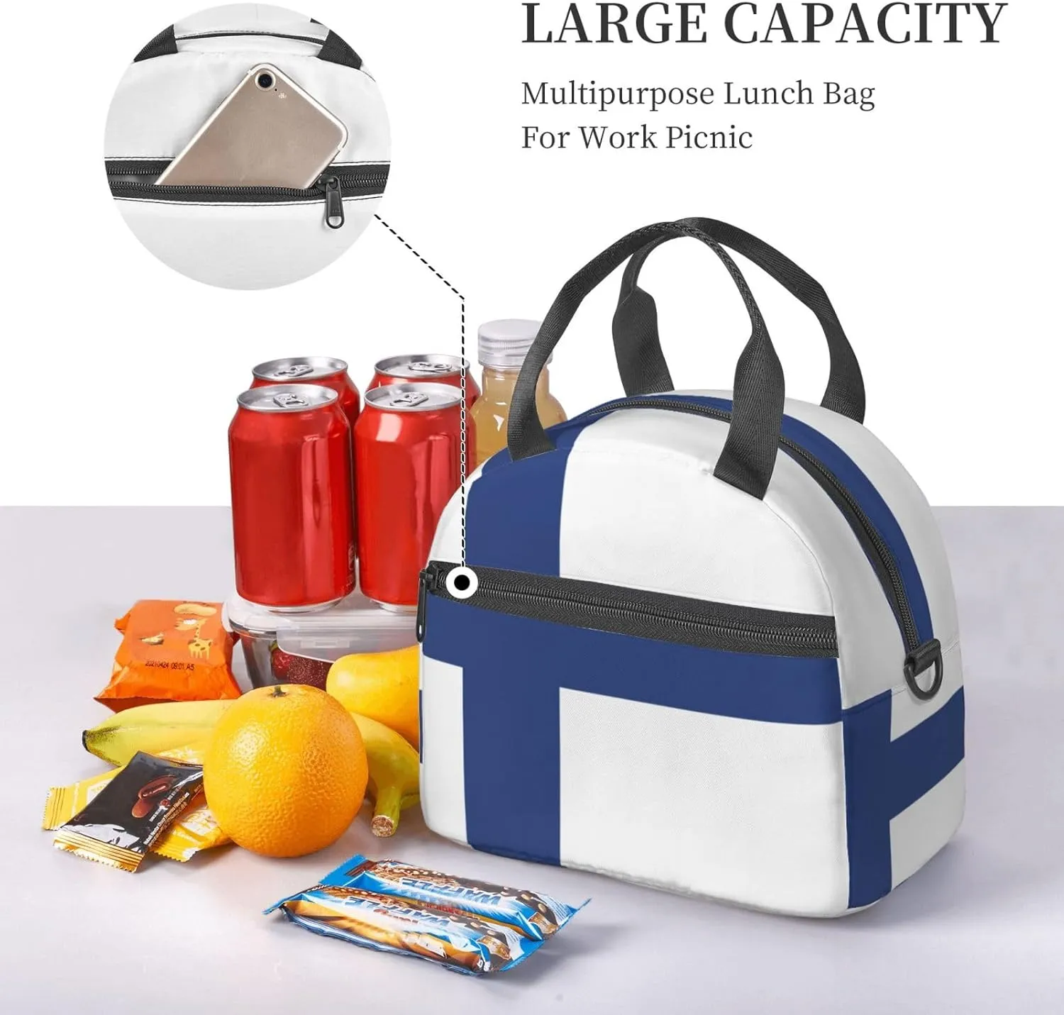 Finnish Flag Insulated Lunch Bag Lunch Box For Women Men Reusable Tote For Office Gym Outings