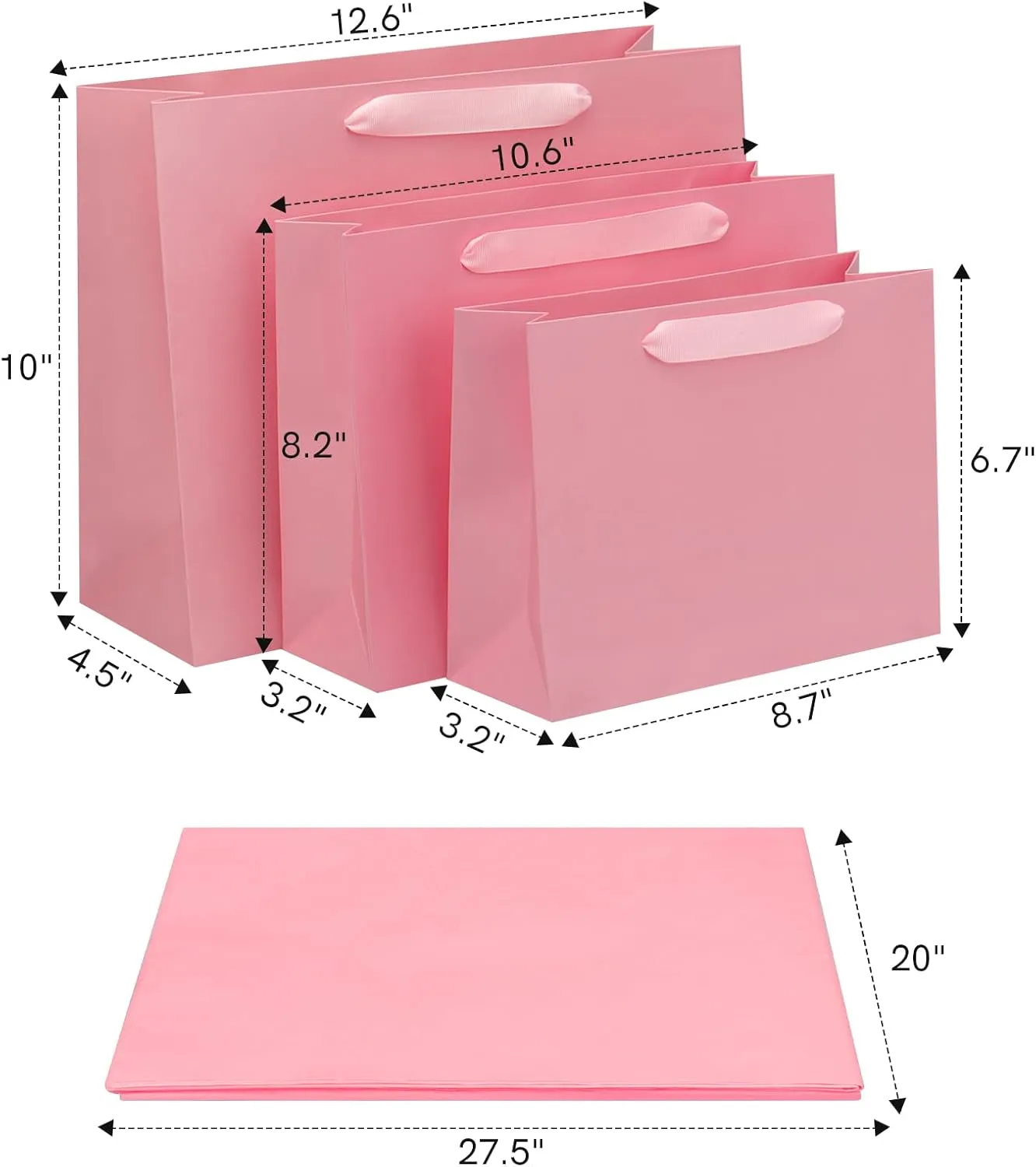 FISHLONO Pink Gift Bags Bundle in Different Sizes(4 Small 8.7'', 4 Medium 10.6'', 4 Large 12.6'') Gift Bags with Tissue Paper, Pink Kraft Paper Bags for Wedding, Graduations, Birthdays, Shopping (12)