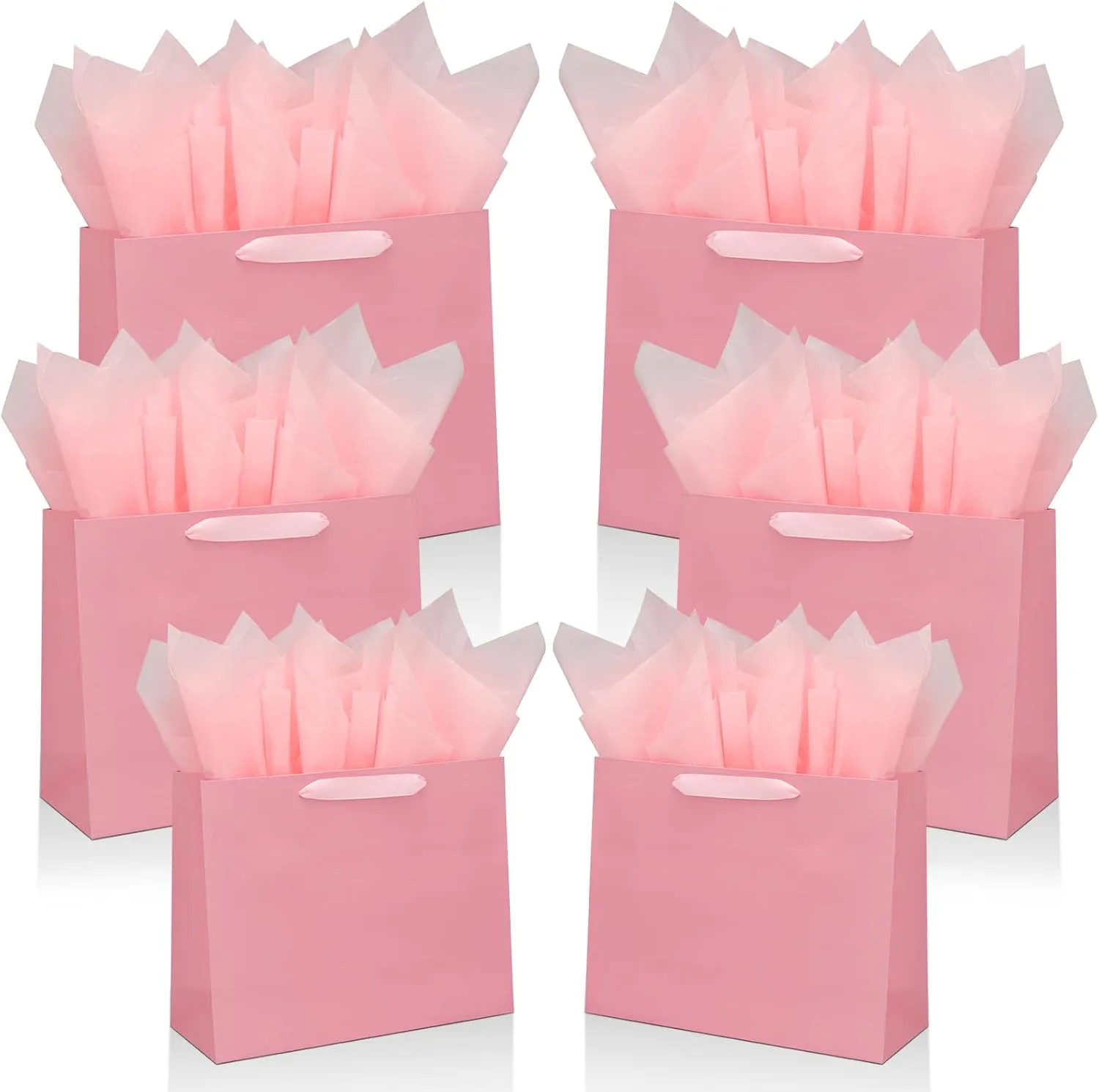 FISHLONO Pink Gift Bags Bundle in Different Sizes(4 Small 8.7'', 4 Medium 10.6'', 4 Large 12.6'') Gift Bags with Tissue Paper, Pink Kraft Paper Bags for Wedding, Graduations, Birthdays, Shopping (12)