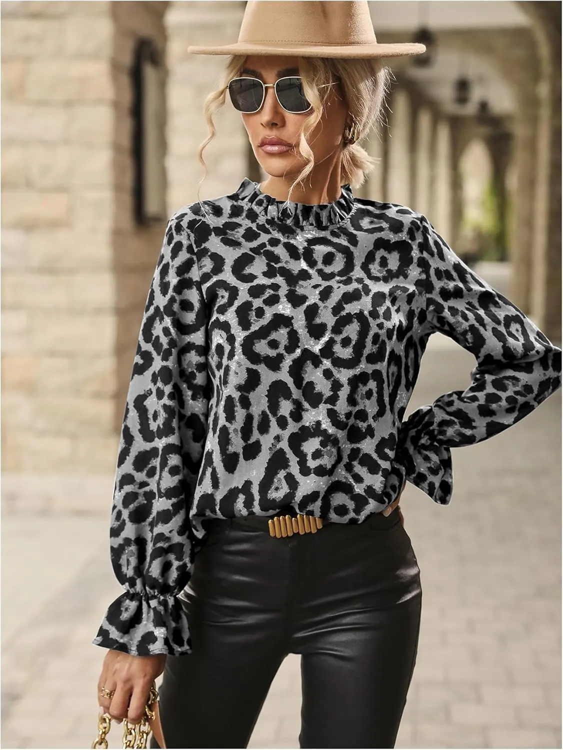 Floerns Women's Leopard Print Elegant Long Sleeve Frill Trim Mock Neck Blouse Tops