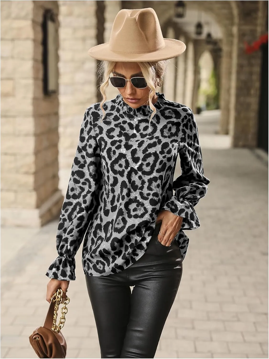 Floerns Women's Leopard Print Elegant Long Sleeve Frill Trim Mock Neck Blouse Tops