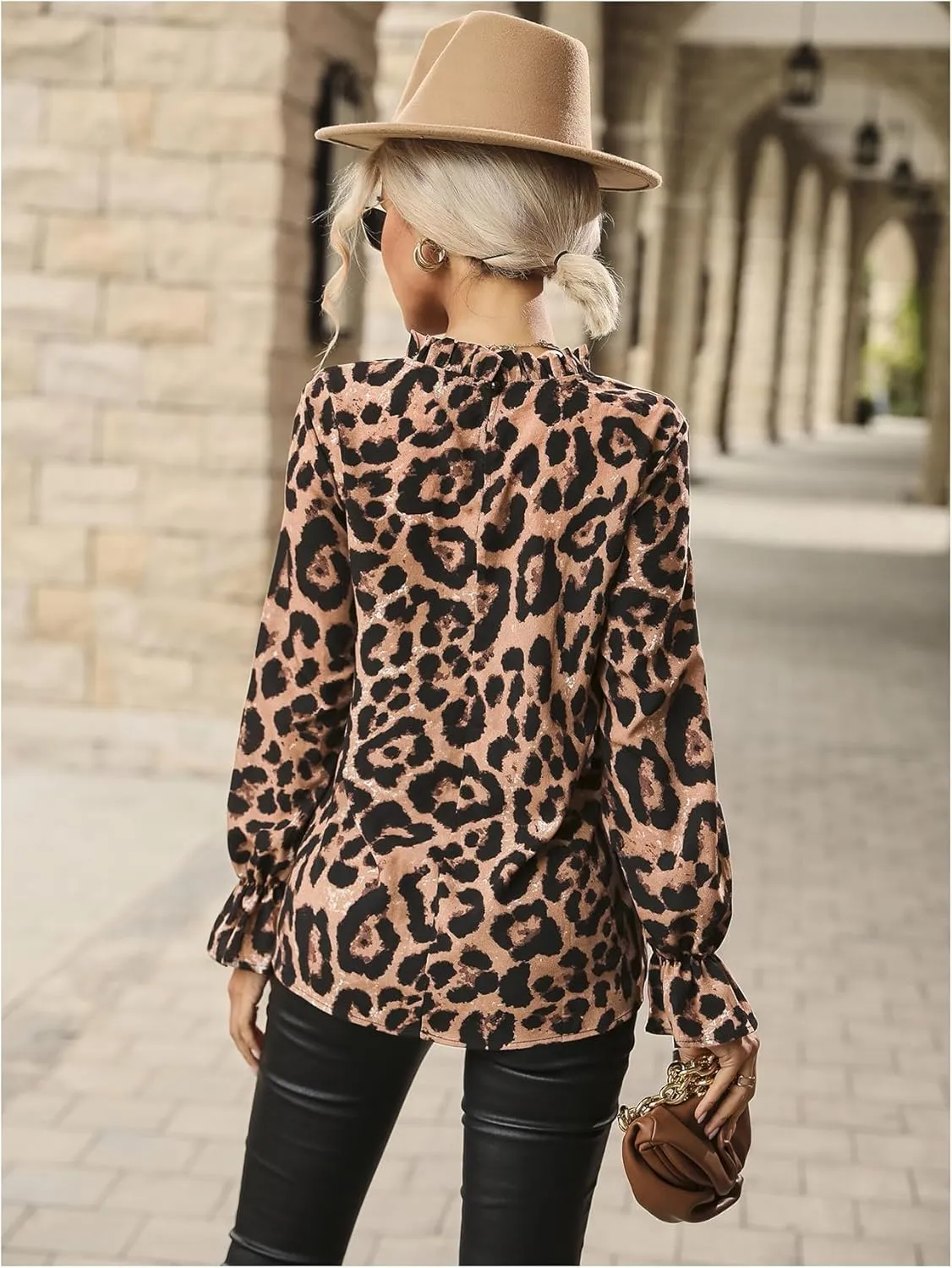 Floerns Women's Leopard Print Elegant Long Sleeve Frill Trim Mock Neck Blouse Tops