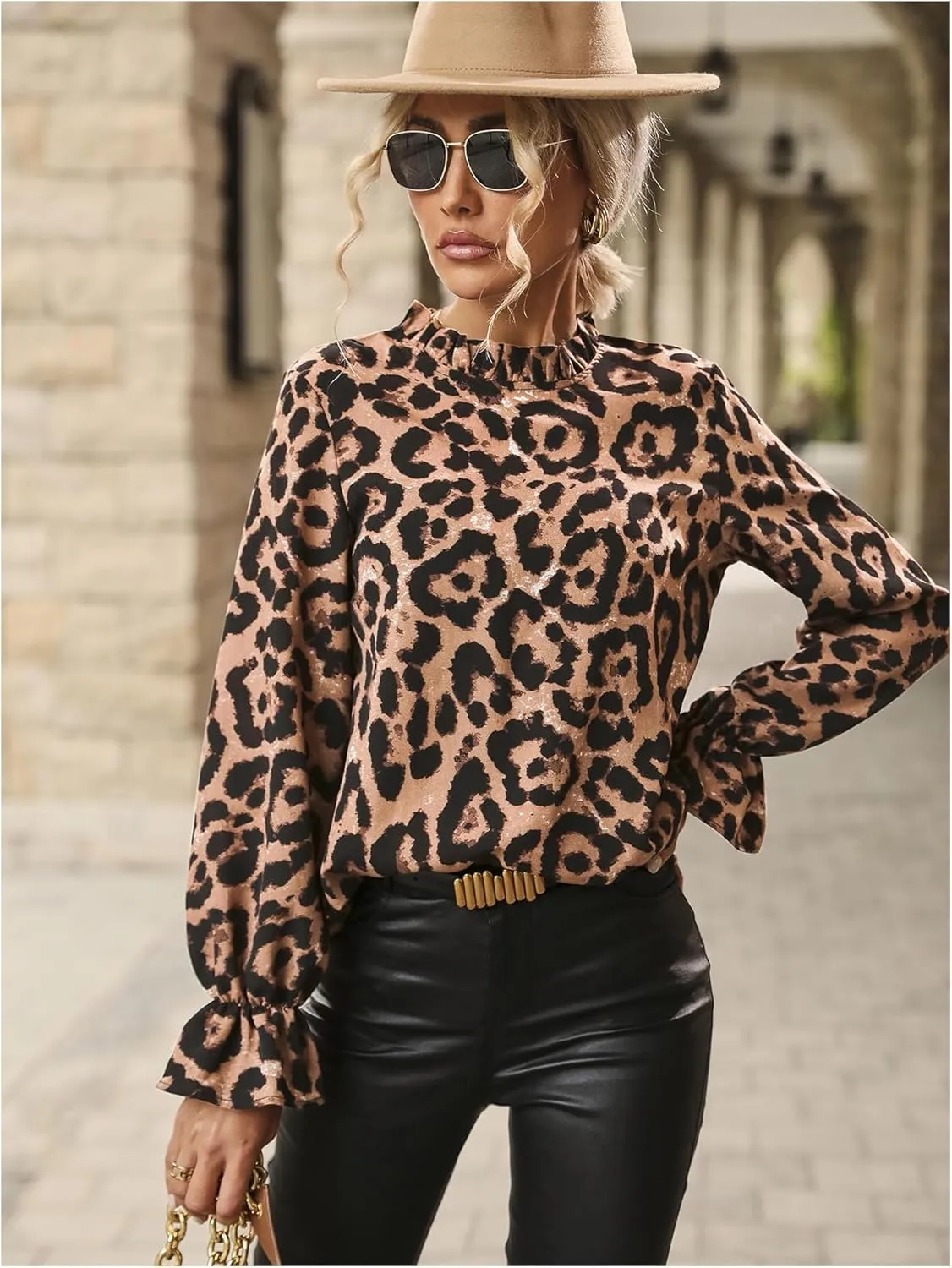 Floerns Women's Leopard Print Elegant Long Sleeve Frill Trim Mock Neck Blouse Tops