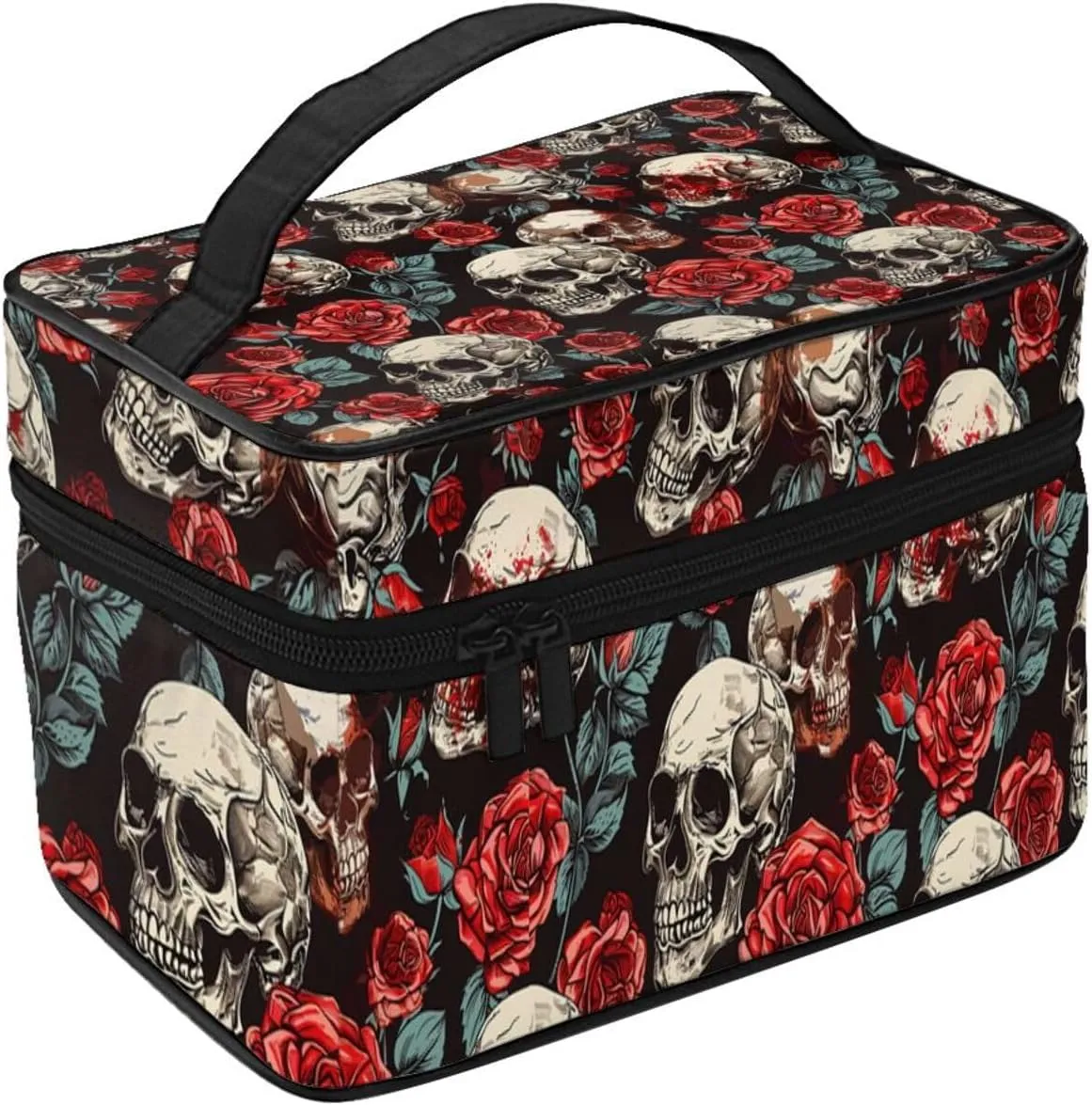 Floral Rose Skull Makeup Bag for Women Travel Cosmetic Bag Large Makeup Case Portable Toiletry Skincare Organizer Bag