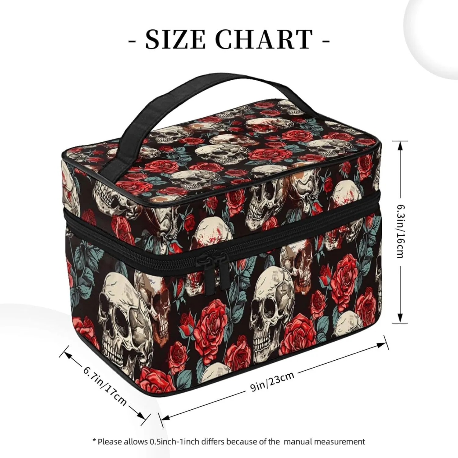 Floral Rose Skull Makeup Bag for Women Travel Cosmetic Bag Large Makeup Case Portable Toiletry Skincare Organizer Bag