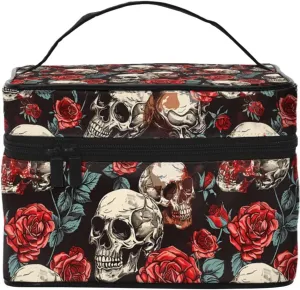 Floral Rose Skull Makeup Bag for Women Travel Cosmetic Bag Large Makeup Case Portable Toiletry Skincare Organizer Bag