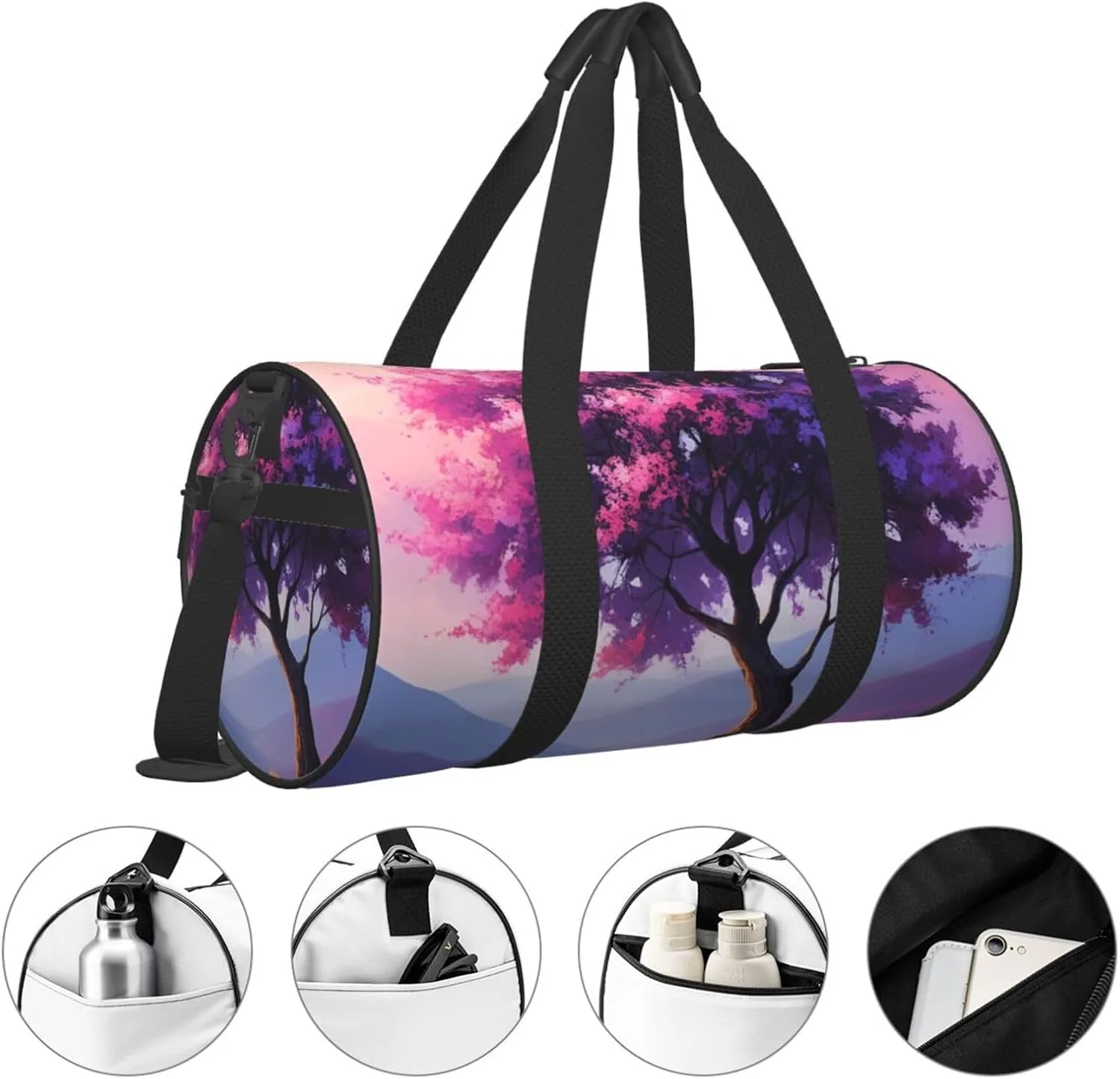 Floral Tree Printed Travel Bag,Round Personal Item Storage bag,Foldie Duffel Bag for Traveling Vacation,Fitness,Sports