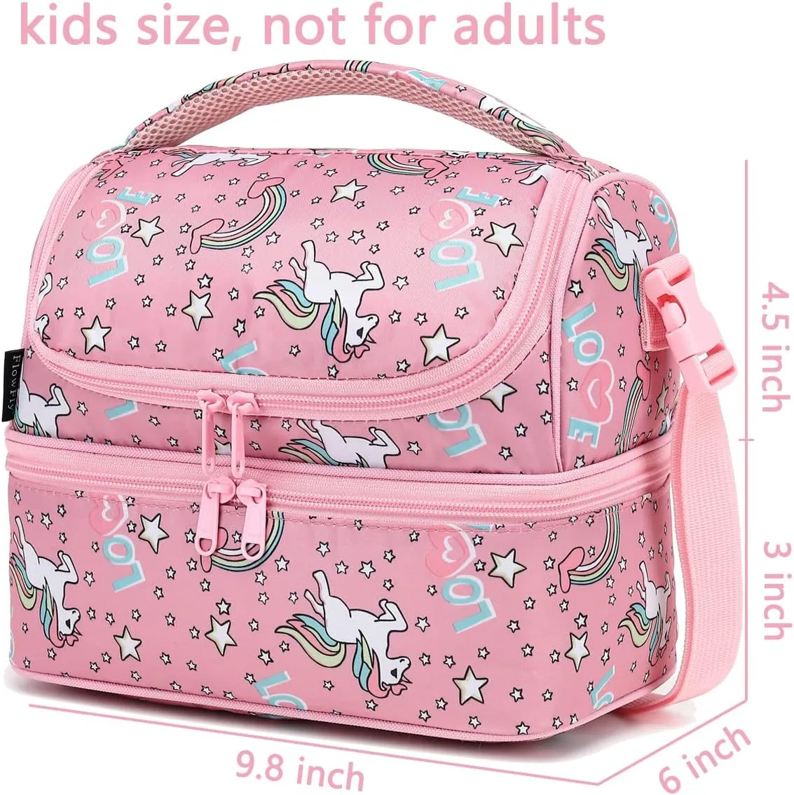 FlowFly Double Decker Cooler Insulated Lunch Bag Large Tote for Boys, Girls, Men, Women, With Adjustable Strap (Red-Unicorn)