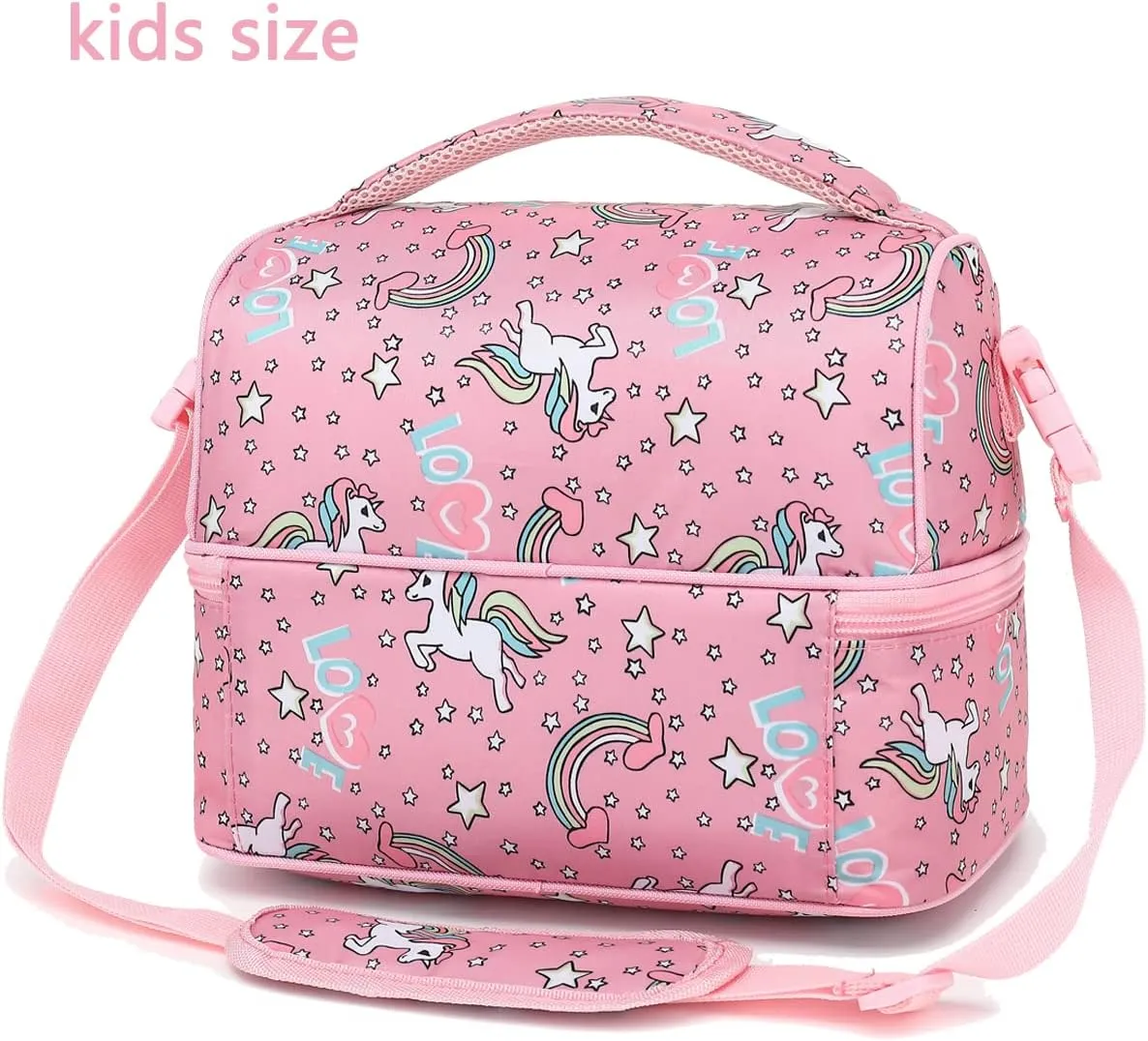 FlowFly Double Decker Cooler Insulated Lunch Bag Large Tote for Boys, Girls, Men, Women, With Adjustable Strap (Red-Unicorn)