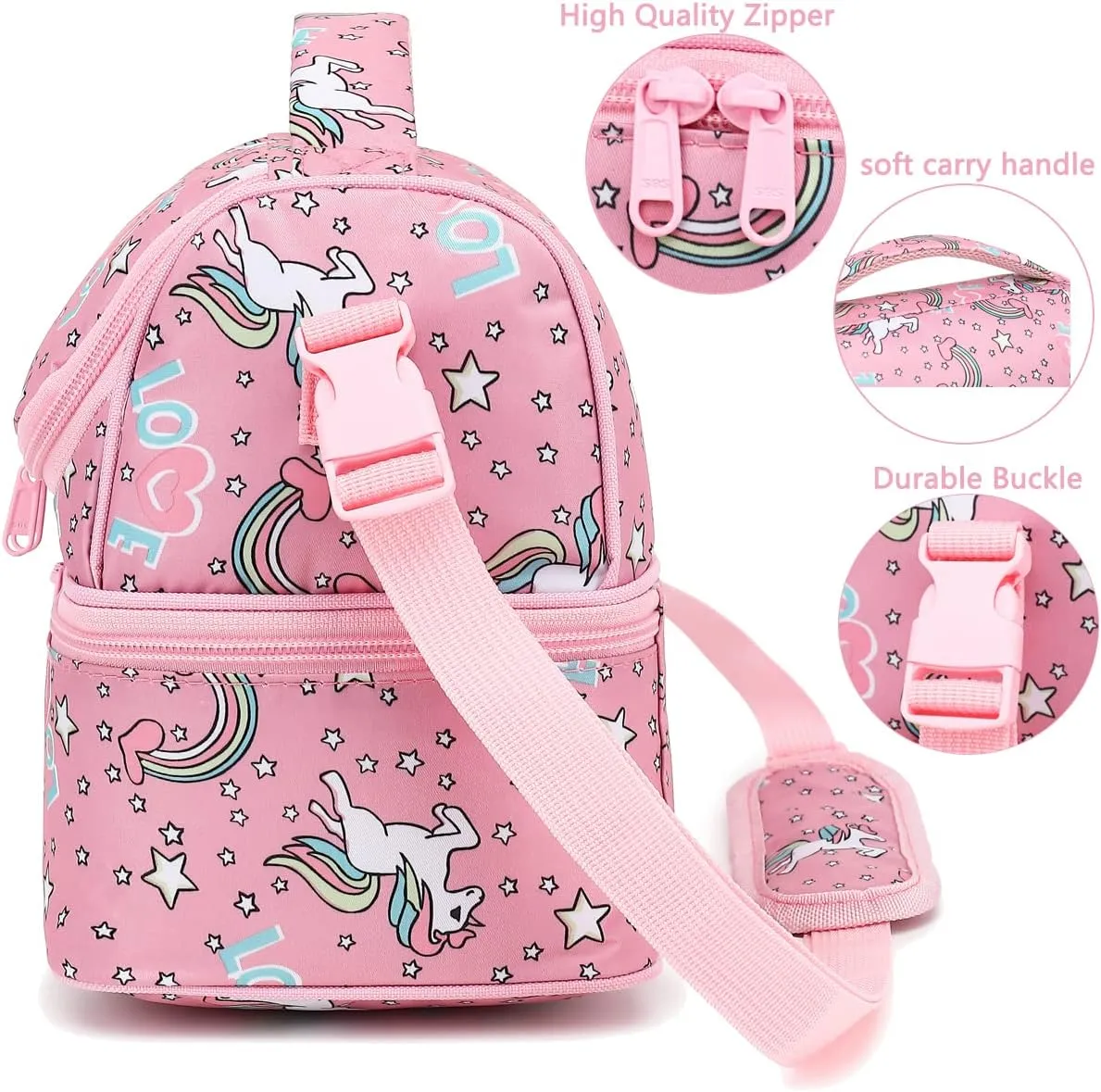 FlowFly Double Decker Cooler Insulated Lunch Bag Large Tote for Boys, Girls, Men, Women, With Adjustable Strap (Red-Unicorn)