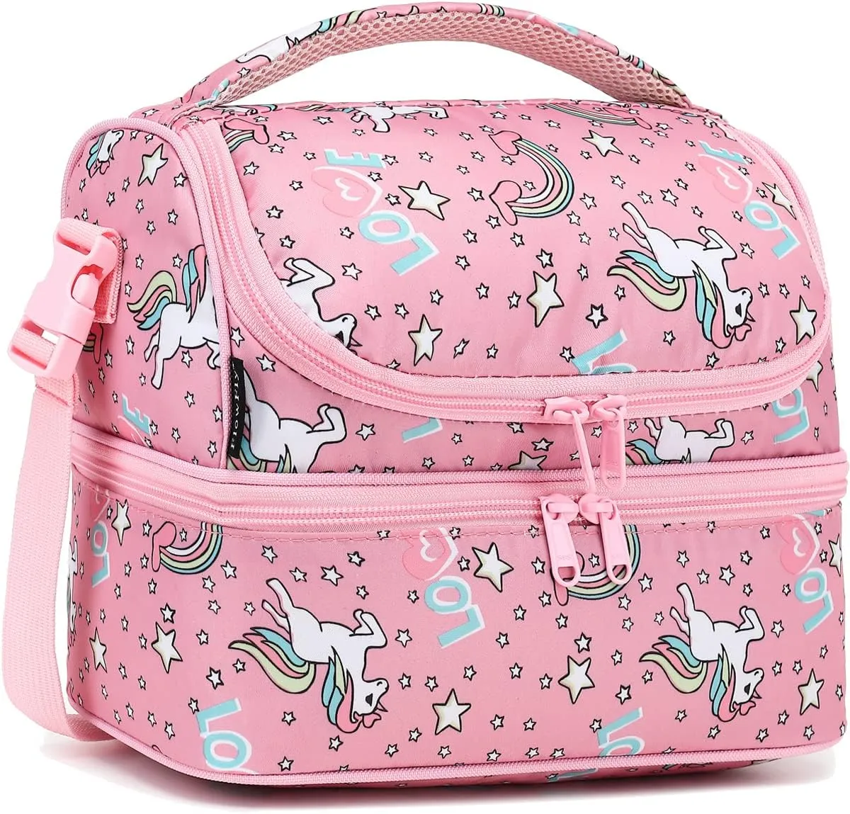 FlowFly Double Decker Cooler Insulated Lunch Bag Large Tote for Boys, Girls, Men, Women, With Adjustable Strap (Red-Unicorn)