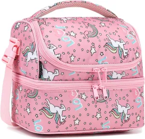 FlowFly Double Decker Cooler Insulated Lunch Bag Large Tote for Boys, Girls, Men, Women, With Adjustable Strap (Red-Unicorn)