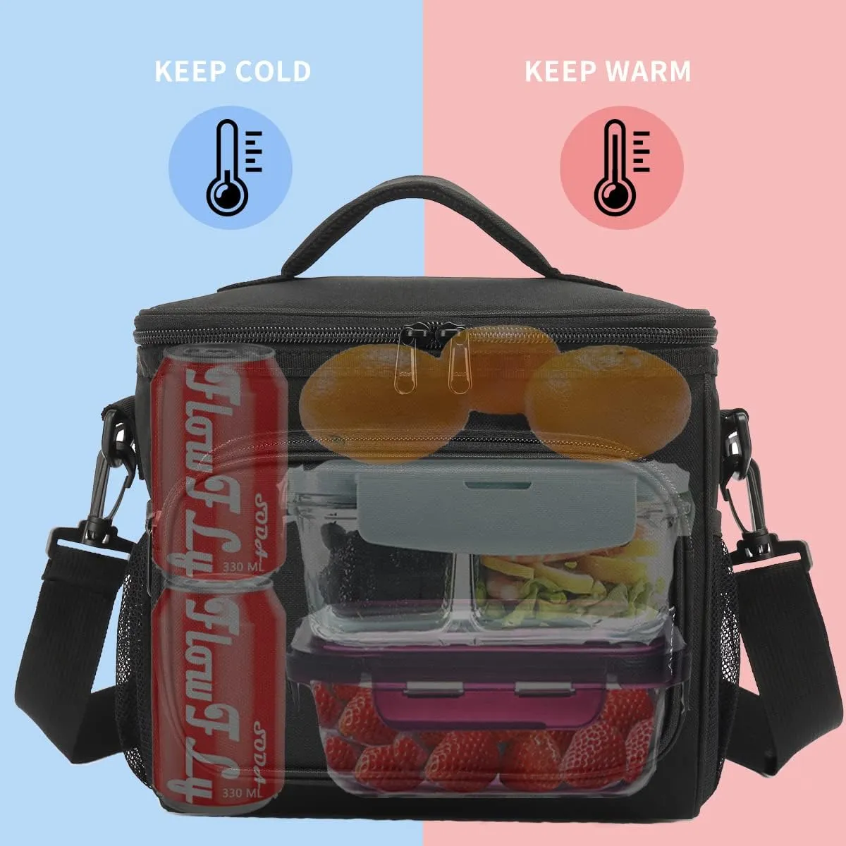 FlowFly Insulated Reusable Lunch Bag Adult Large Lunch Box for Women and Men with Adjustable Shoulder Strap,Front Zipper Pocket and Dual Large Mesh Side Pockets, Black