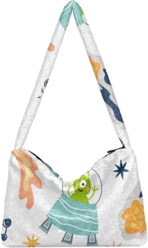 Fluffy Shoulder Bag Cute Plush Underarm Bags Women Ladies Tote Bag Girl Furry Purse Handbag for Autumn and Winter Cute Funny Aliens and Flying Saucers