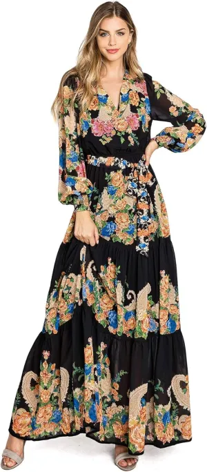 Flying Tomato Women's Elegant Chiffon Floral Long Sleeve Maxi Dress
