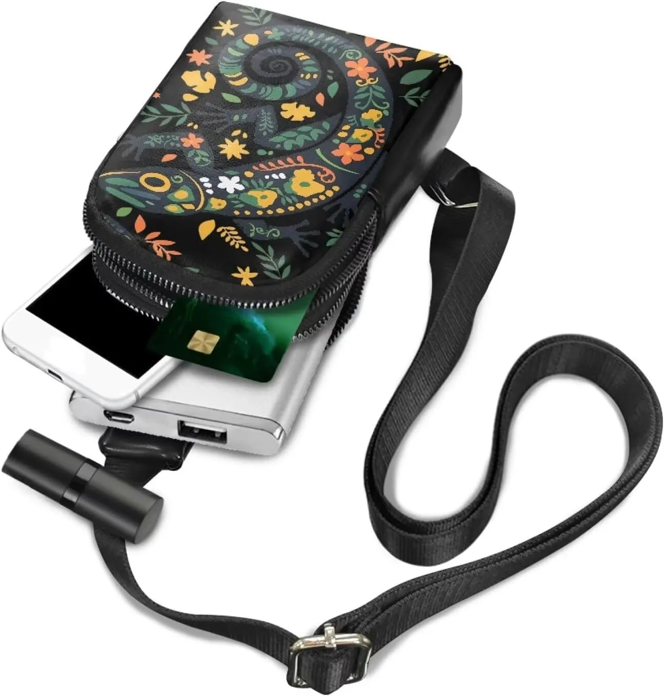 Folk Lizard Floral Fanny Packs for Women, Animals Crossbody Sling Bag PU Leather Bum Belt Bags, Sling Backpack for Travel, Cycling, Hiking