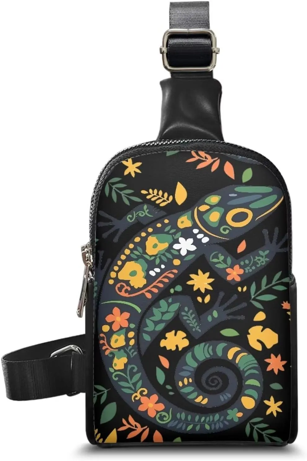 Folk Lizard Floral Fanny Packs for Women, Animals Crossbody Sling Bag PU Leather Bum Belt Bags, Sling Backpack for Travel, Cycling, Hiking