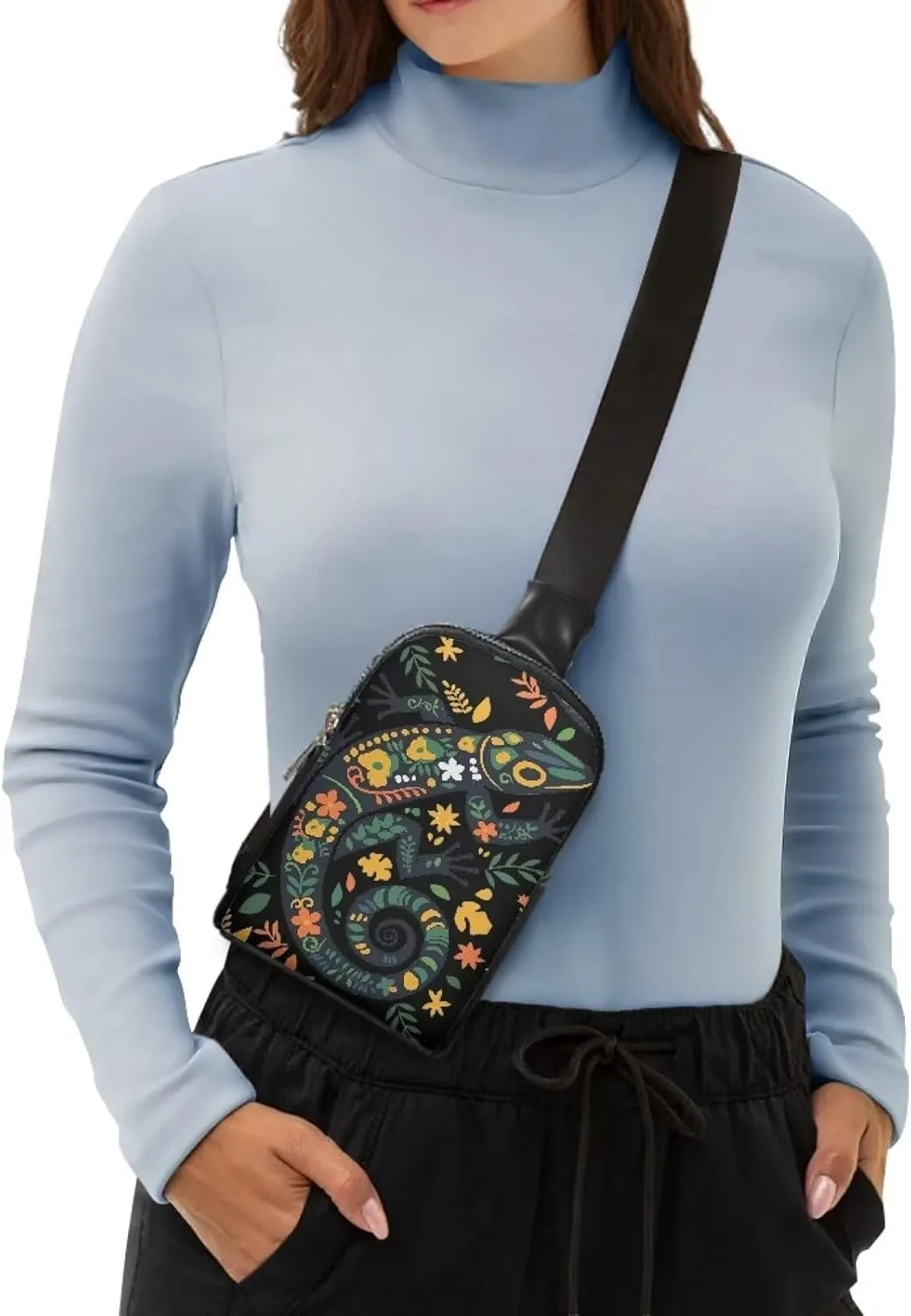 Folk Lizard Floral Fanny Packs for Women, Animals Crossbody Sling Bag PU Leather Bum Belt Bags, Sling Backpack for Travel, Cycling, Hiking