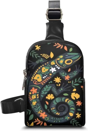 Folk Lizard Floral Fanny Packs for Women, Animals Crossbody Sling Bag PU Leather Bum Belt Bags, Sling Backpack for Travel, Cycling, Hiking