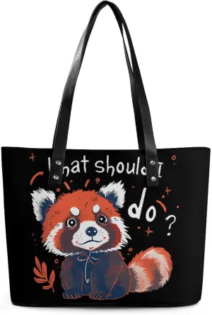 Forgetful Red Panda Women's Tote Shoulder Bag Handbag Top Handle Leather 29 * 34 * 14cm