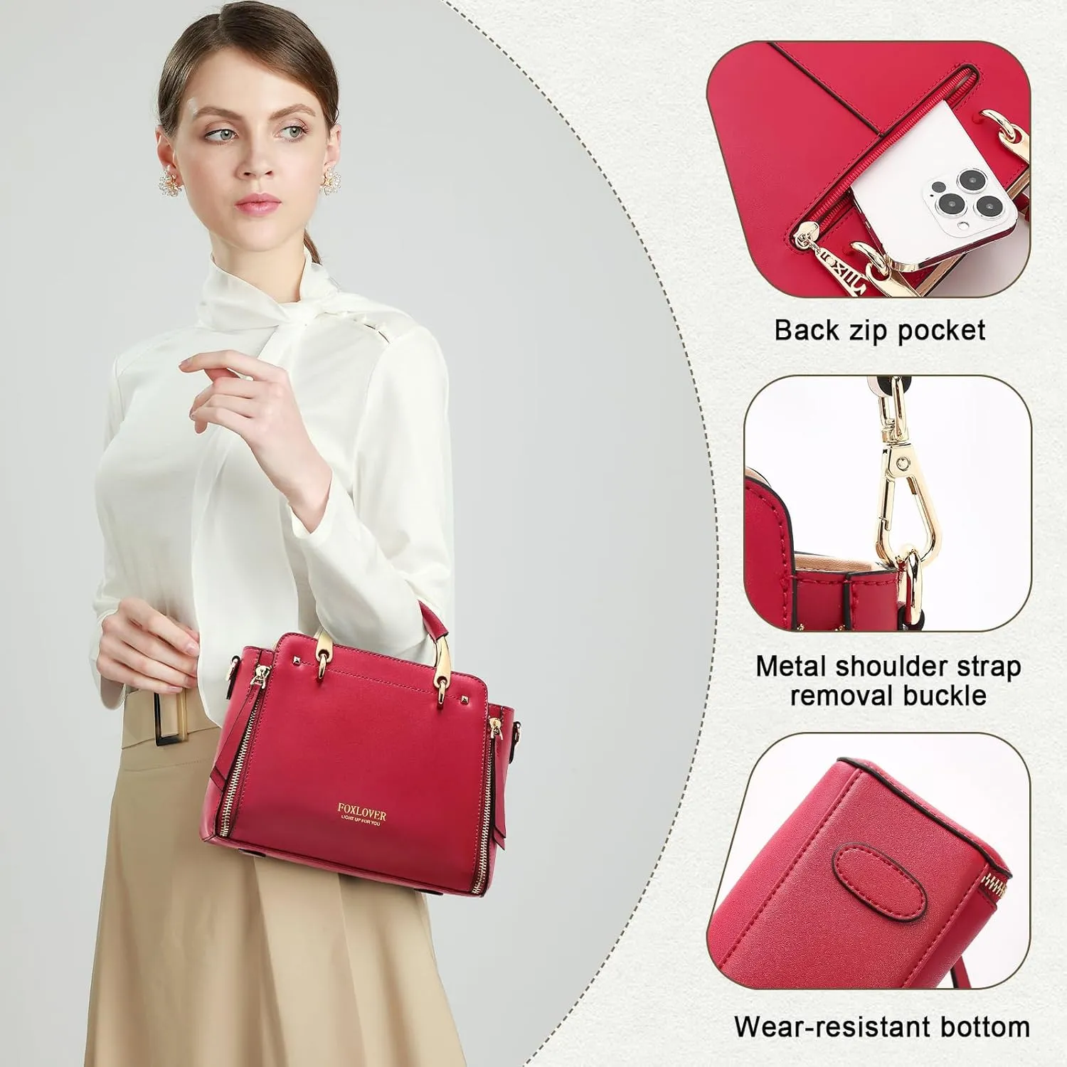 FOXLOVER Crossbody Bags for Women Satchel Handbags Medium Size Women's Top-Handle Shoulder Handbag with Zipper Pocket