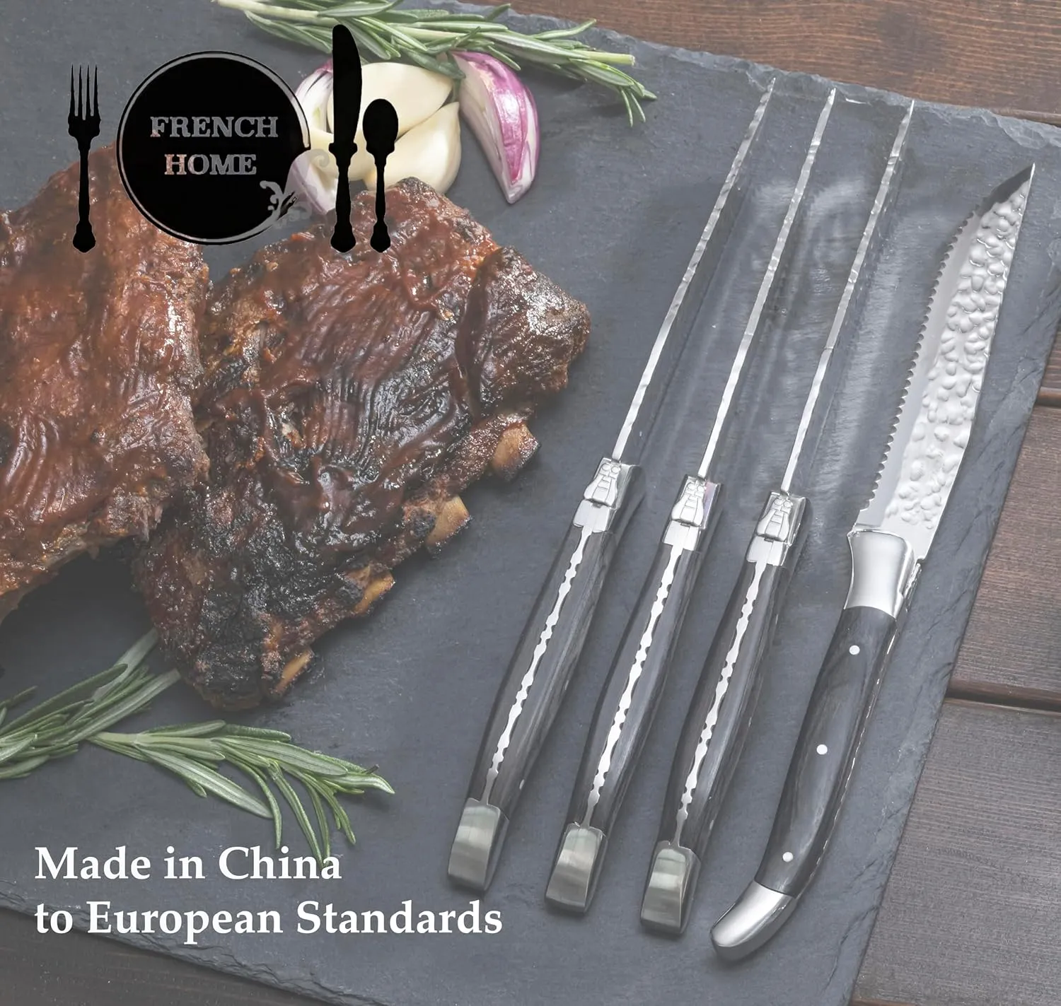 French Home Laguiole 4-Piece Steak Knife Set – Sophisticated Stainless Steel Dinner Knives with Navy Blue Handles & Iconic Bee Emblem – Serrated Knives for Smooth Cutting (9.25")