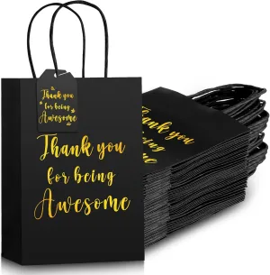 Fulmoon 48 Pcs Thank You Gift Bags with Handles Black Kraft Paper Bags Thank You for Being Awesome Goodie Bags for Small Business, Retail Shopping with 50 Gift Tags for Employee Teacher Appreciation