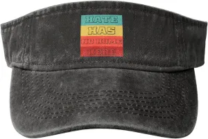 Funny Hate Has No Home Here Washed Denim Women's Sun Visor Hat Open Top Sports Cap Uv Protection Hat Black-T2
