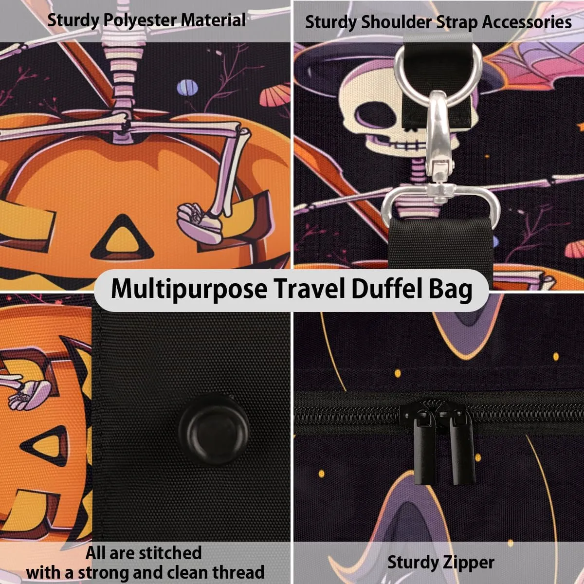 Funny Pumpkin Travel Duffle Bag for Women Men Gym Duffel Foldable Bag Waterproof Weekender Black Gothic Duffle Tote