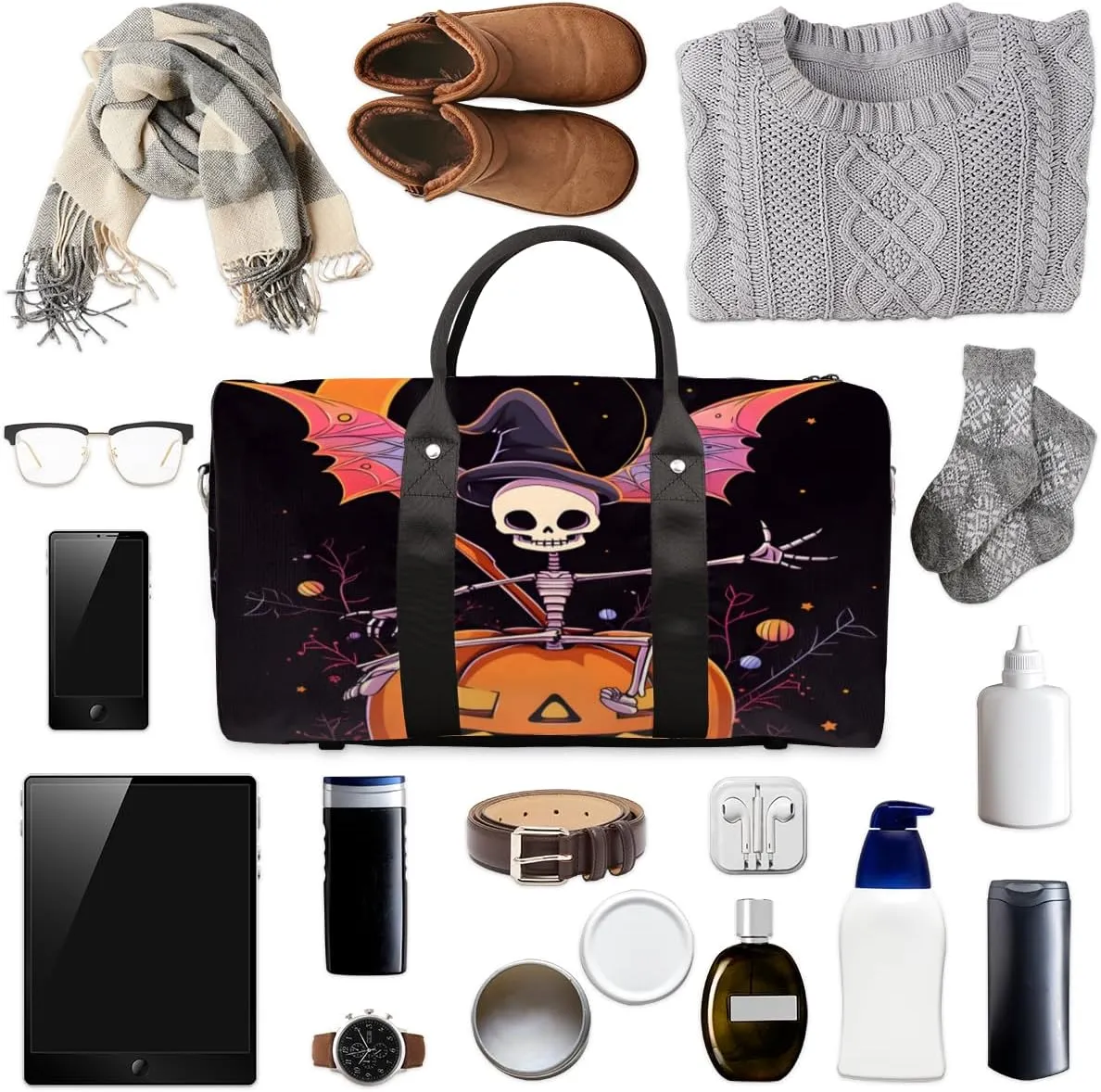 Funny Pumpkin Travel Duffle Bag for Women Men Gym Duffel Foldable Bag Waterproof Weekender Black Gothic Duffle Tote