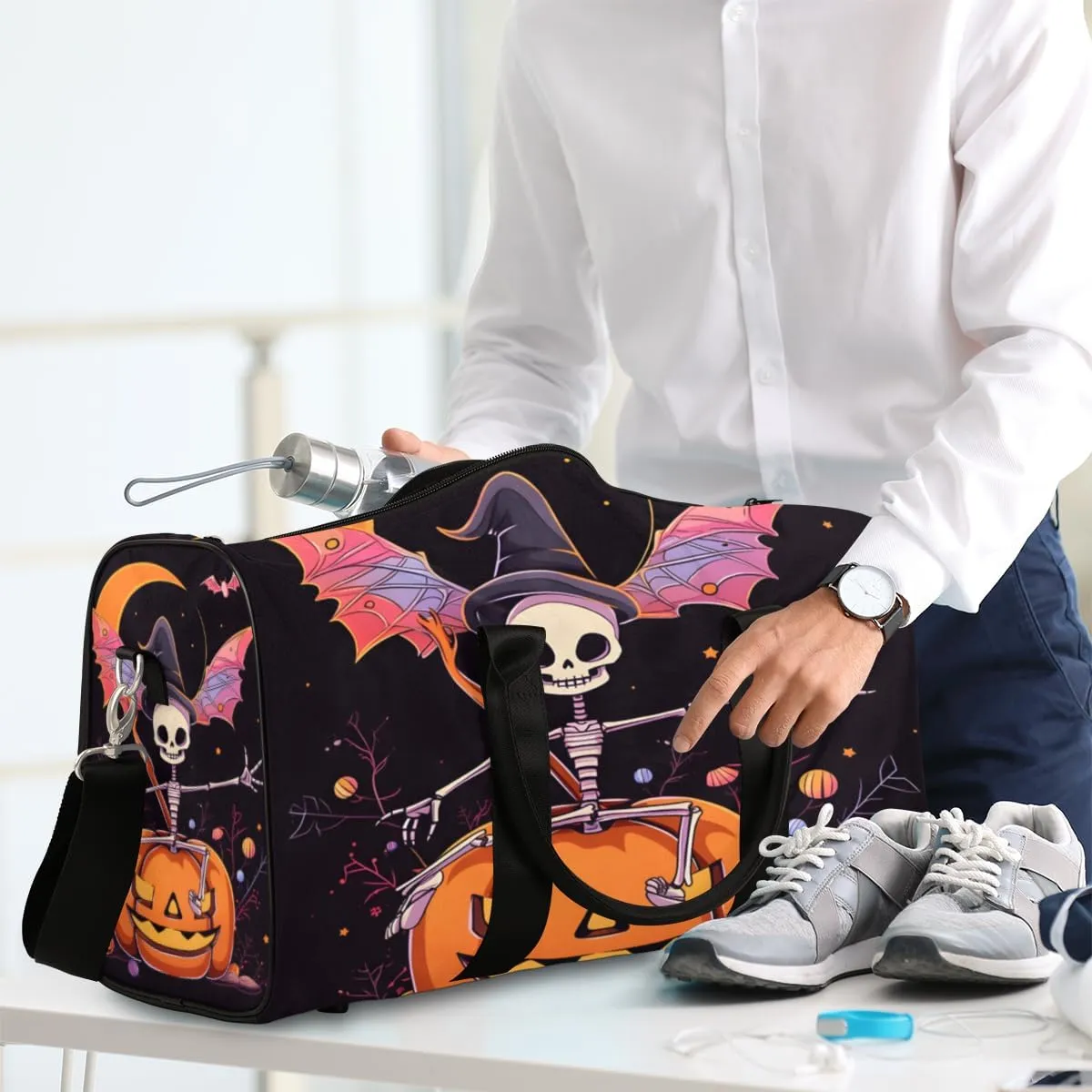 Funny Pumpkin Travel Duffle Bag for Women Men Gym Duffel Foldable Bag Waterproof Weekender Black Gothic Duffle Tote