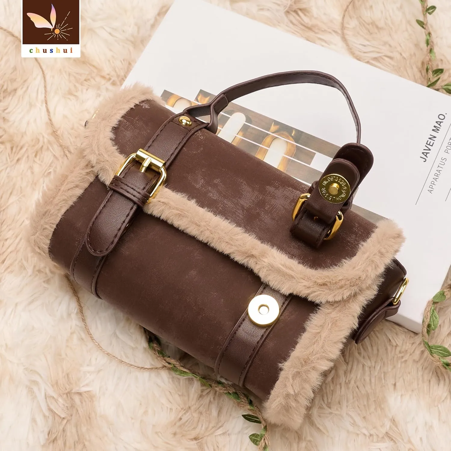 Fur Purse,Vintage-Revival Small Crossbody Bag,Top Handle Leather Handbag for Women
