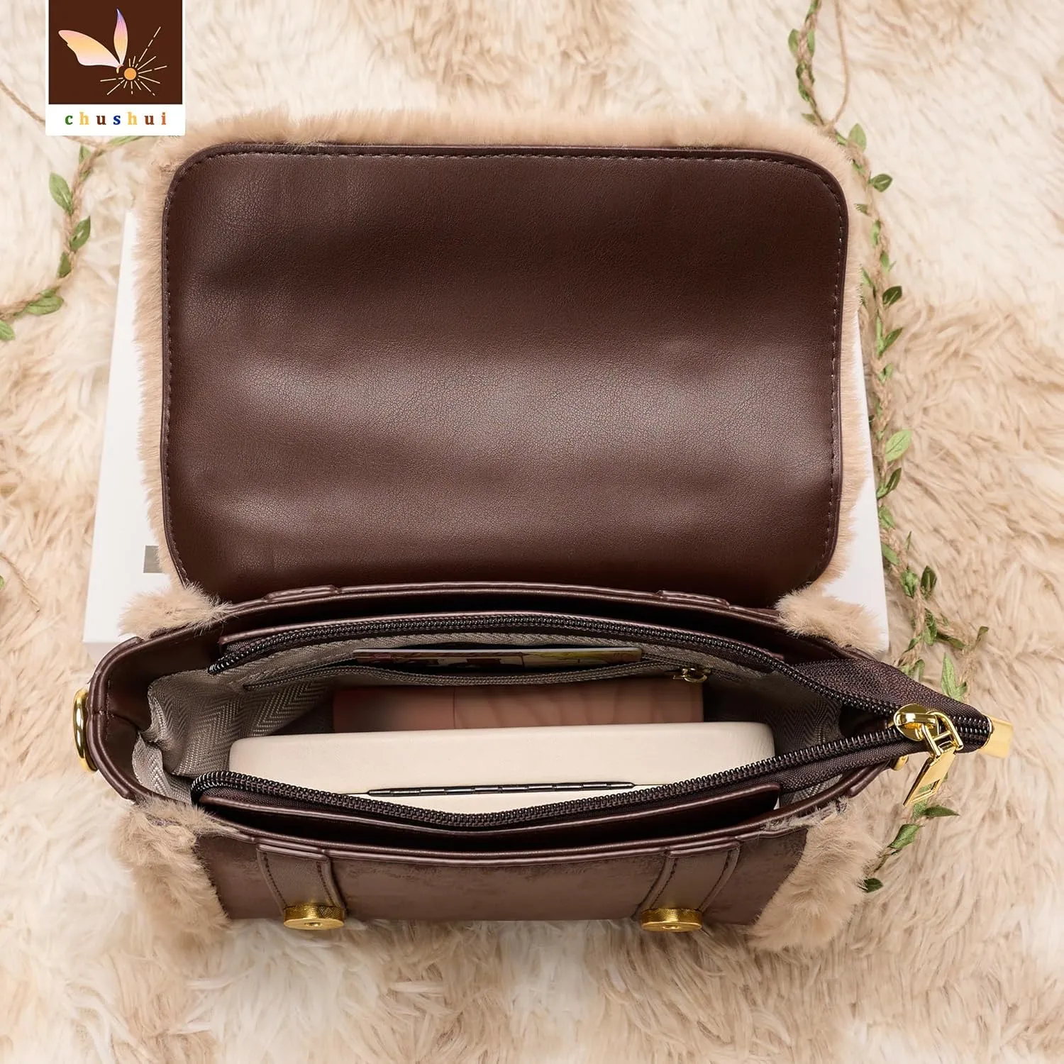 Fur Purse,Vintage-Revival Small Crossbody Bag,Top Handle Leather Handbag for Women