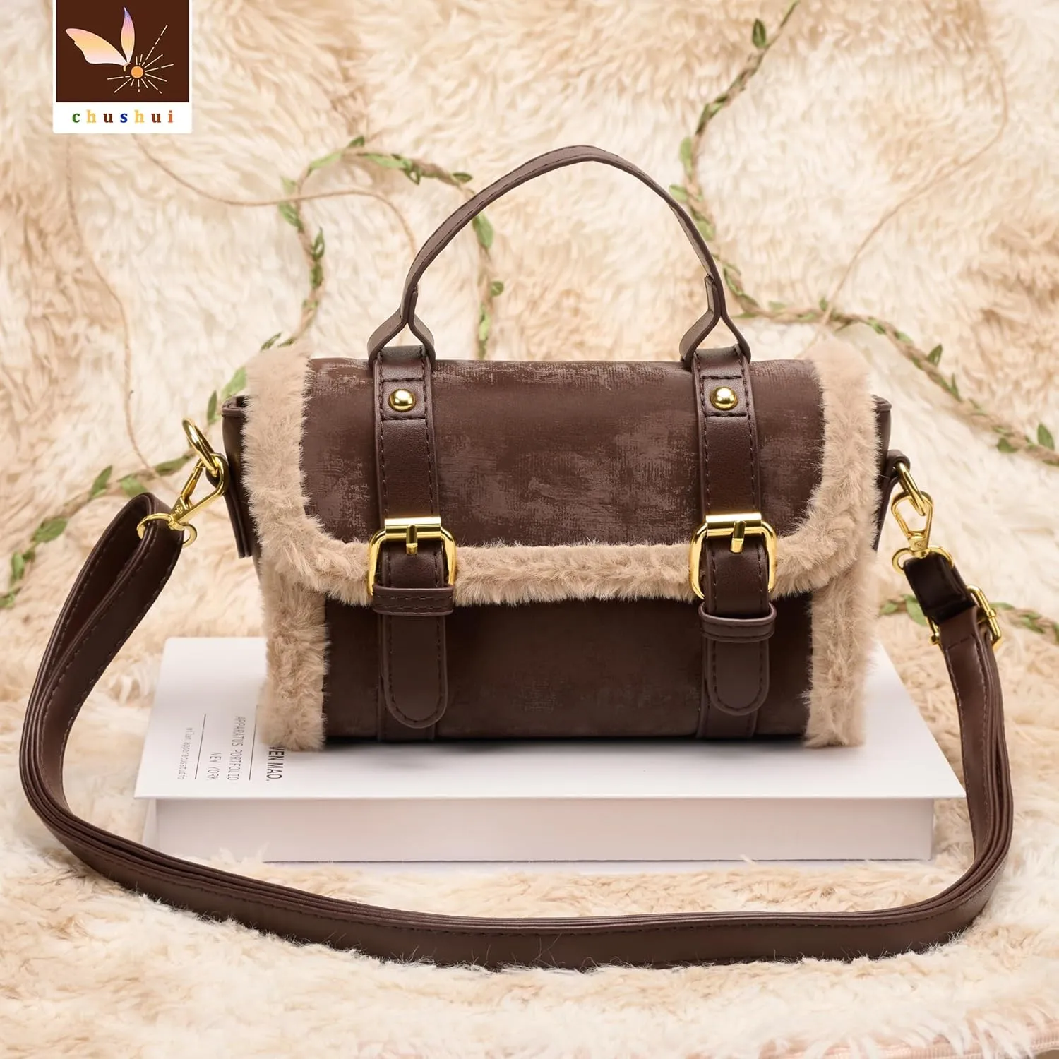 Fur Purse,Vintage-Revival Small Crossbody Bag,Top Handle Leather Handbag for Women