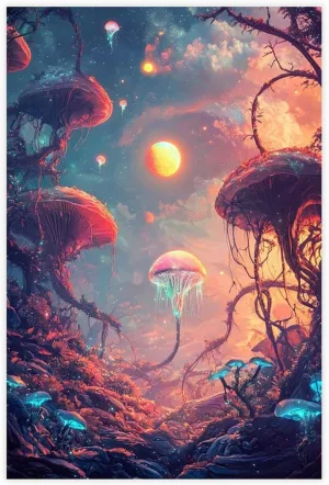 Futuristic Sci-Fi Alien Jungle Poster – Neon Cosmic Flora & Bioluminescent Plants Wall Art – Space Exploration Home Decor Modern Wall Prints Abstract Geometric Minimalist Art Framed Canvas Prints For