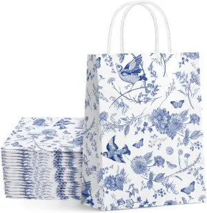 Generic AnyDesign 32Pcs Floral Paper Gift Bags Blue White Flower Bird Party Favor Bags with Handles Chinoiserie Hydrangea Branches Goodie Candy Treat Bags for Wedding Birthday Supplies
