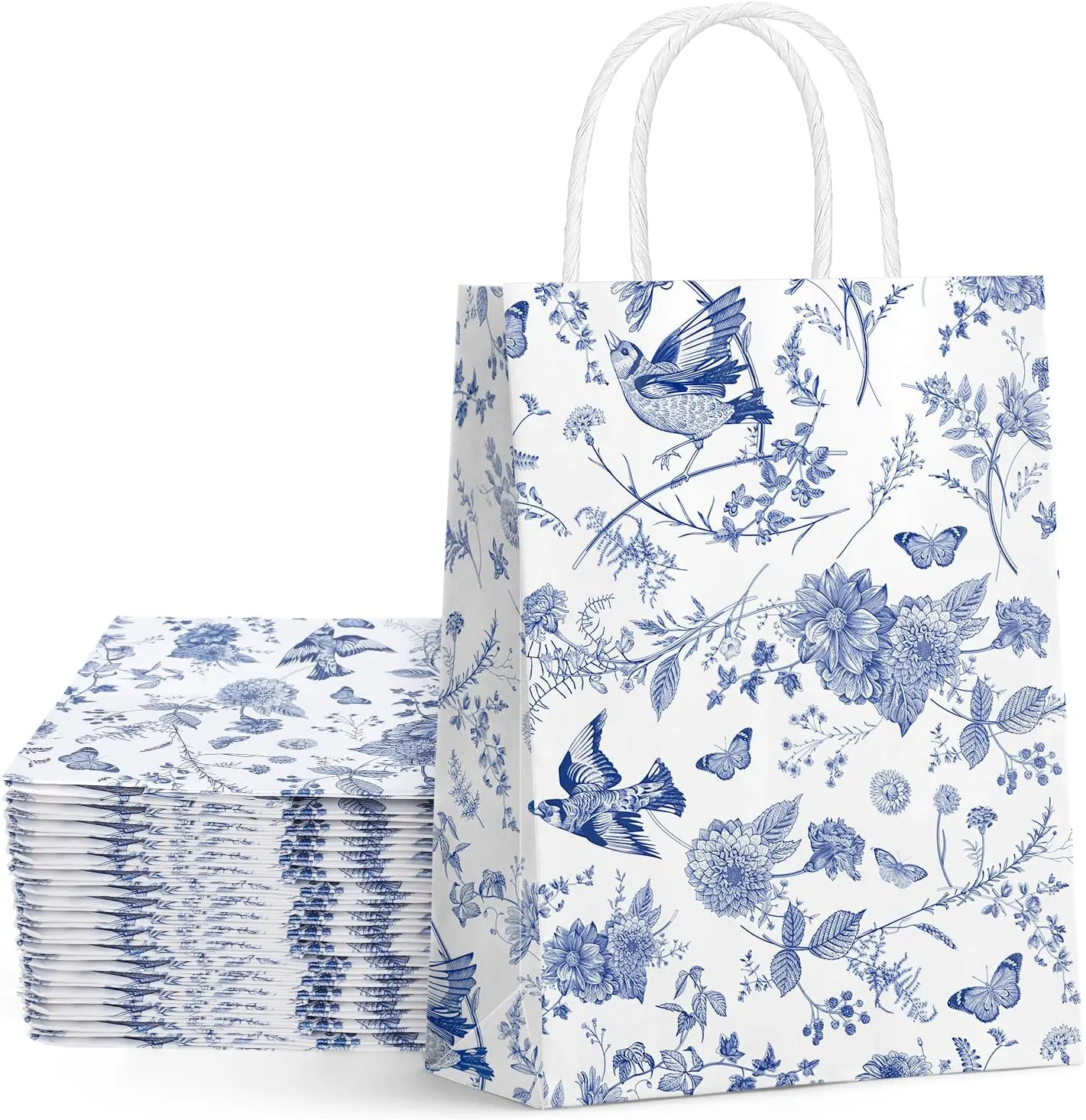 Generic AnyDesign 32Pcs Floral Paper Gift Bags Blue White Flower Bird Party Favor Bags with Handles Chinoiserie Hydrangea Branches Goodie Candy Treat Bags for Wedding Birthday Supplies