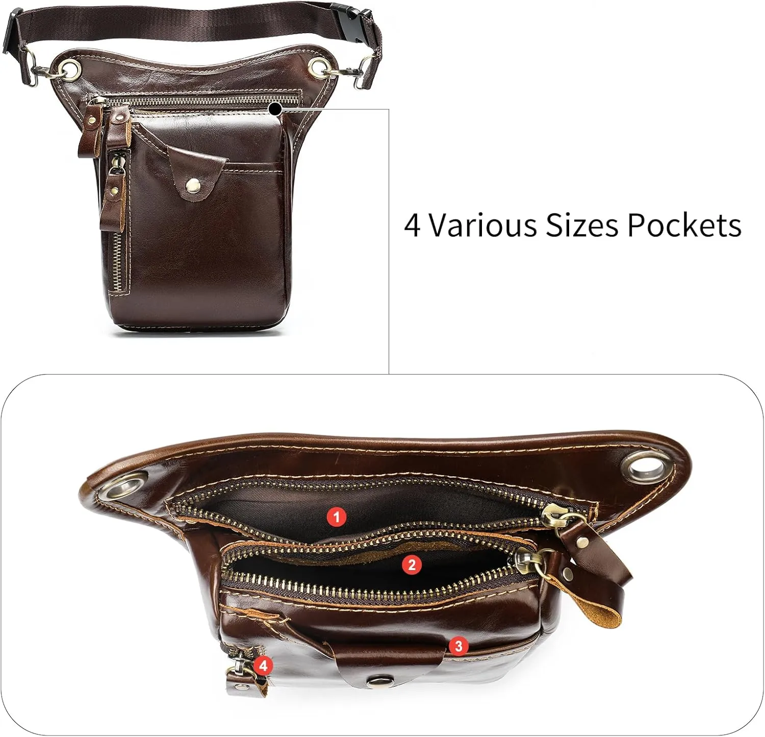 Genuine Leather Drop Leg Bag Motorcycle Thigh Purse Hip Pouch Waist Fanny Pack for Women Men Black