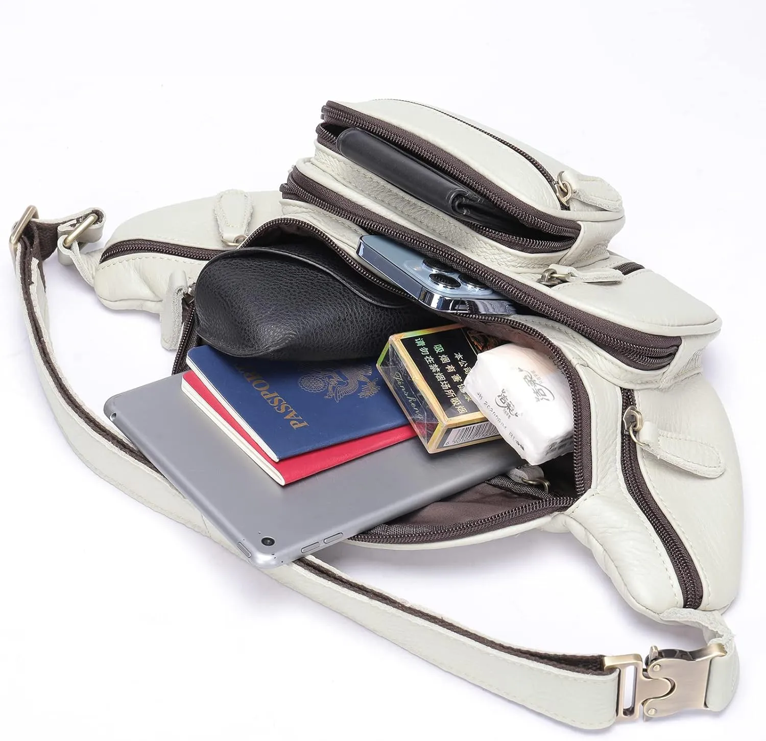 Genuine Leather Fanny Pack large capacity Crossbody Waist Bag with Zipper phone Pockets white