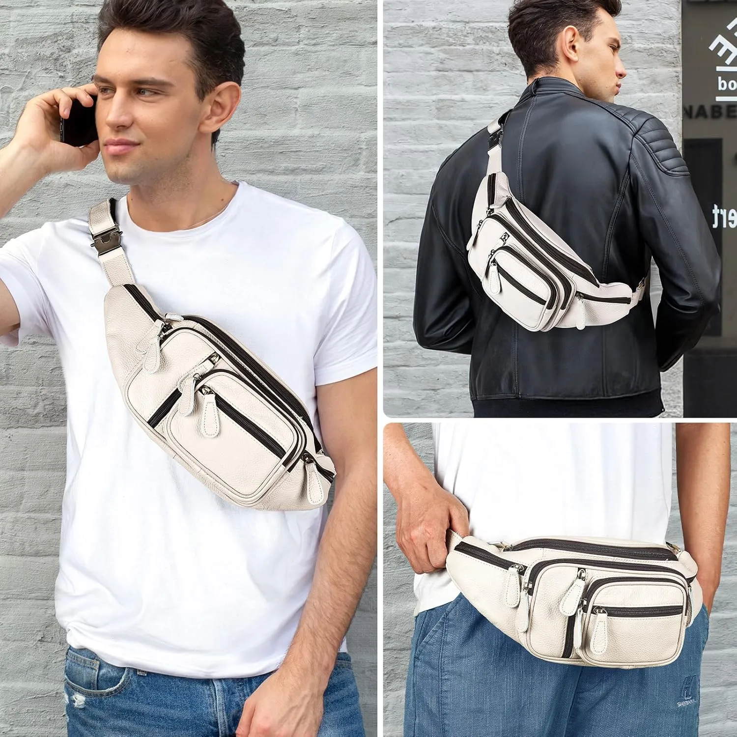 Genuine Leather Fanny Pack large capacity Crossbody Waist Bag with Zipper phone Pockets white