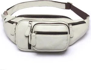 Genuine Leather Fanny Pack large capacity Crossbody Waist Bag with Zipper phone Pockets white
