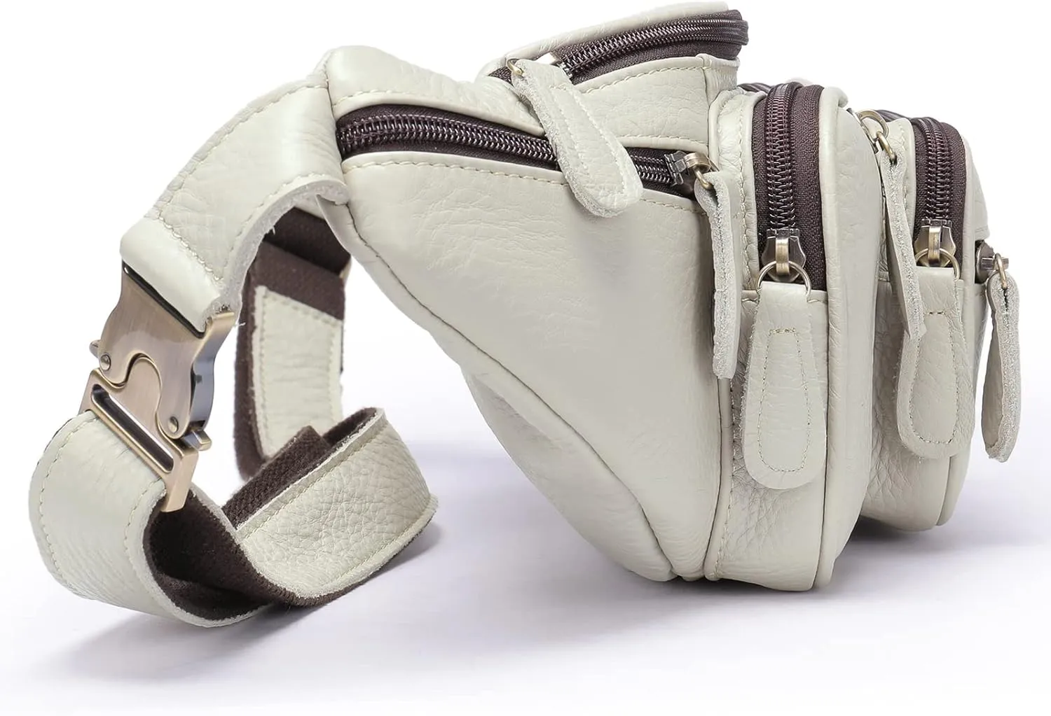Genuine Leather Fanny Pack large capacity Crossbody Waist Bag with Zipper phone Pockets white