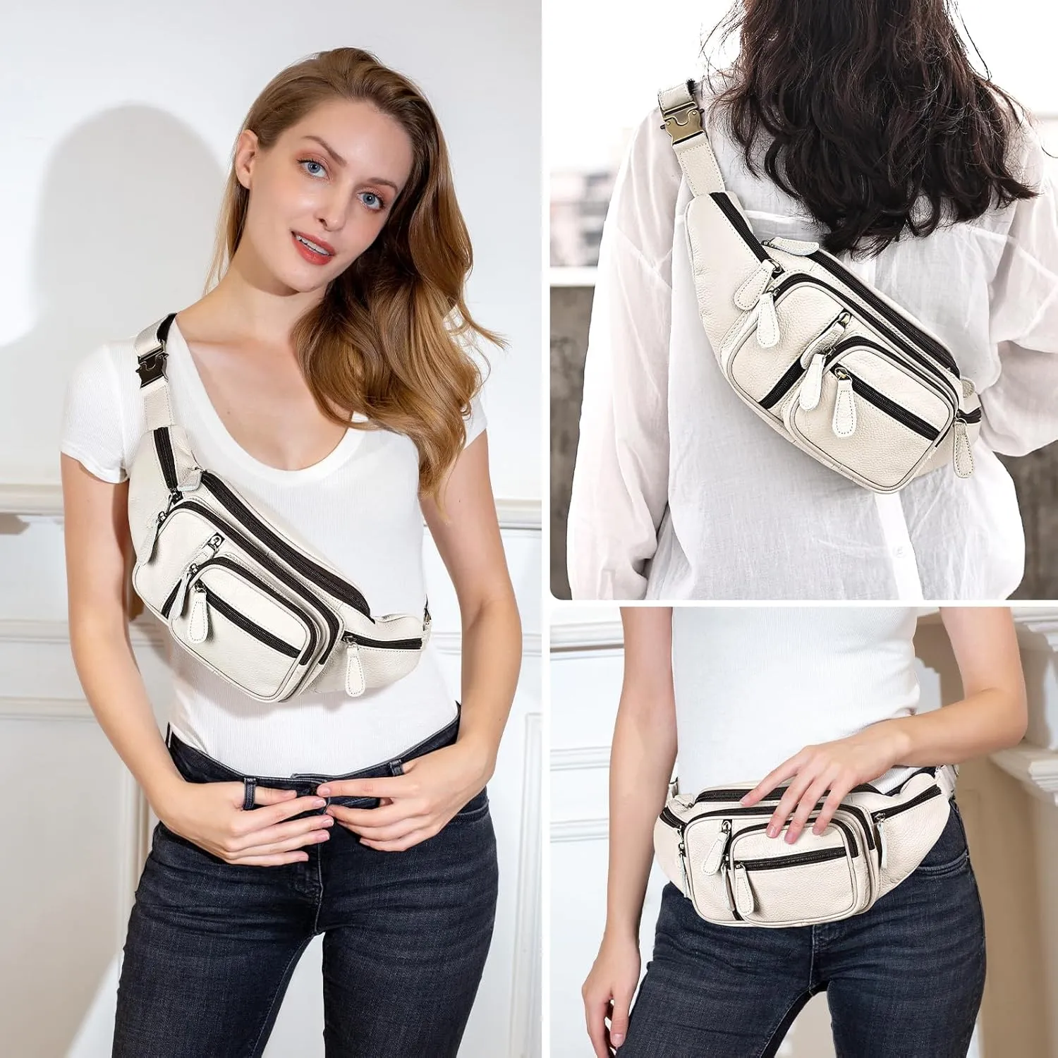 Genuine Leather Fanny Pack large capacity Crossbody Waist Bag with Zipper phone Pockets white