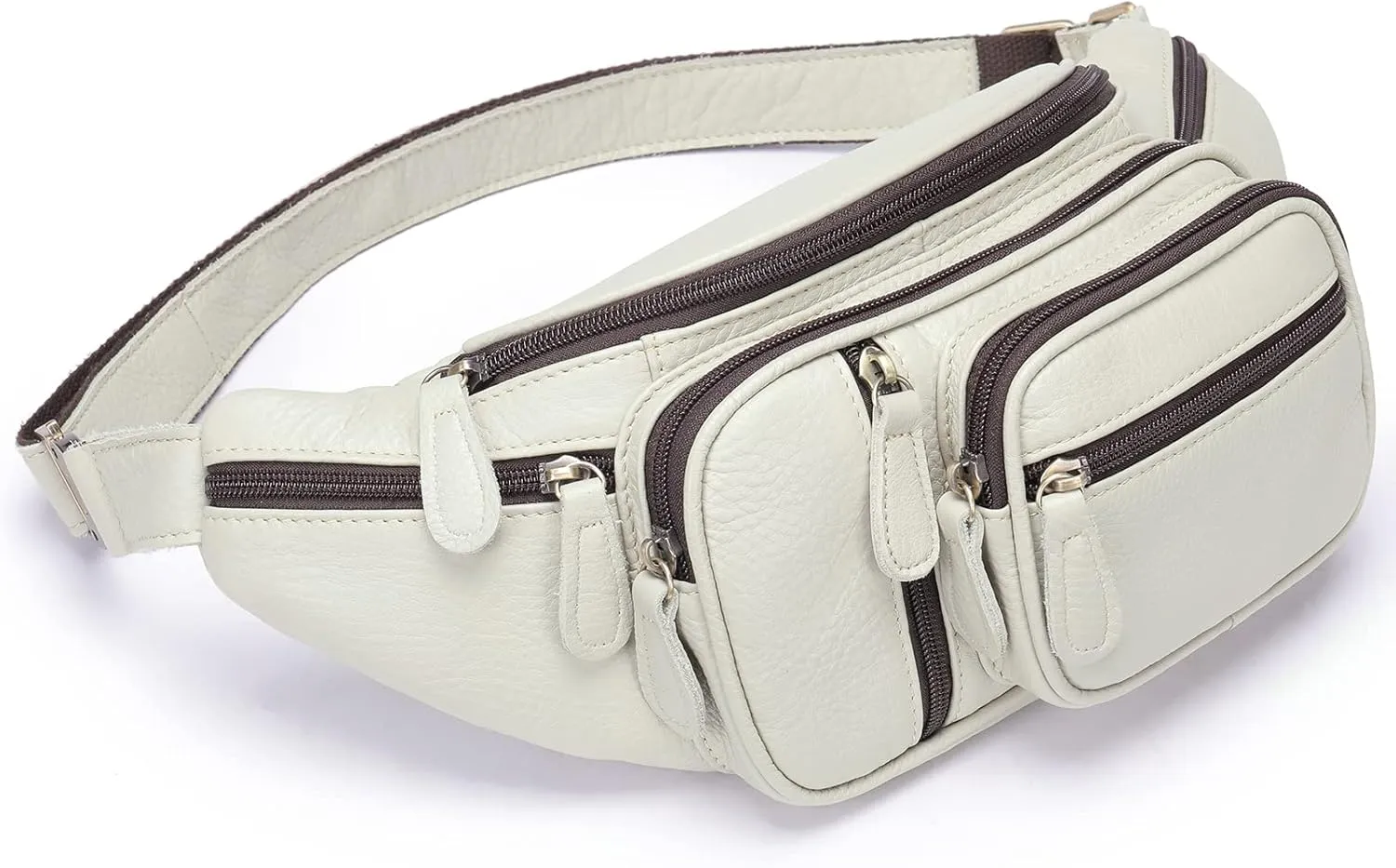 Genuine Leather Fanny Pack large capacity Crossbody Waist Bag with Zipper phone Pockets white